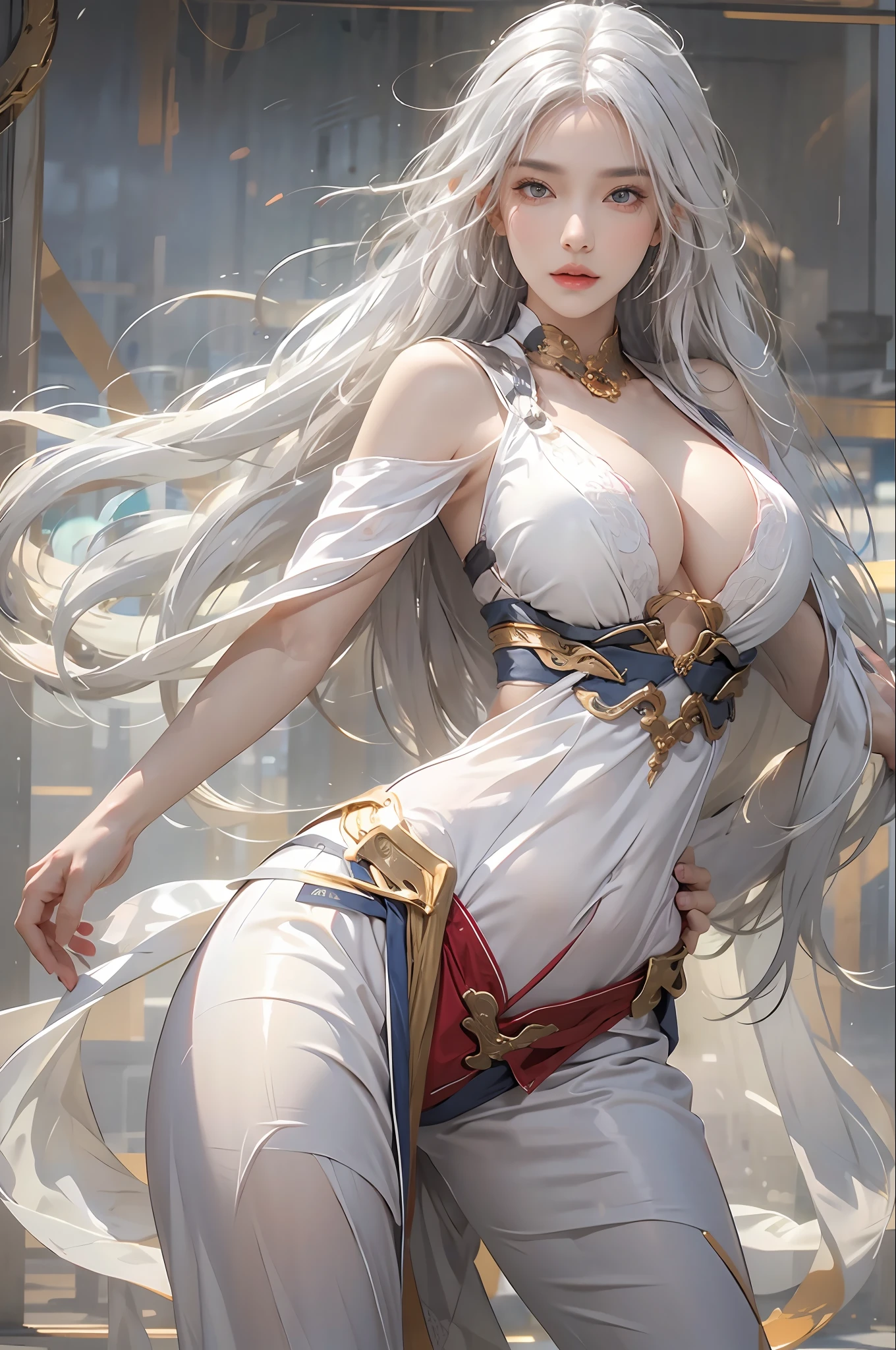 photorealistic, high resolution, 1women, solo, hips up, look at viewer, (detailed face), white hair, long hair, medium breasts, Taoist
