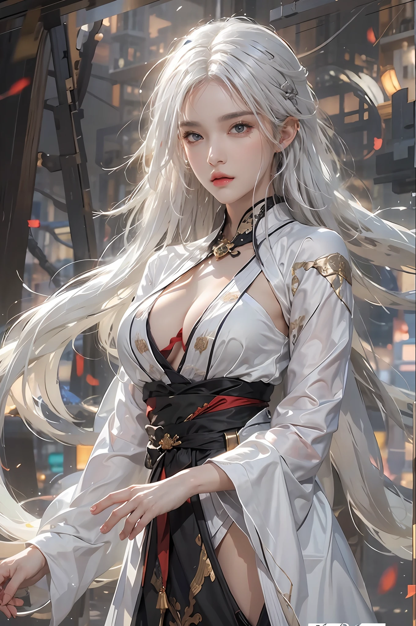 photorealistic, high resolution, 1women, solo, hips up, look at viewer, (detailed face), white hair, long hair, medium breasts, Taoist
