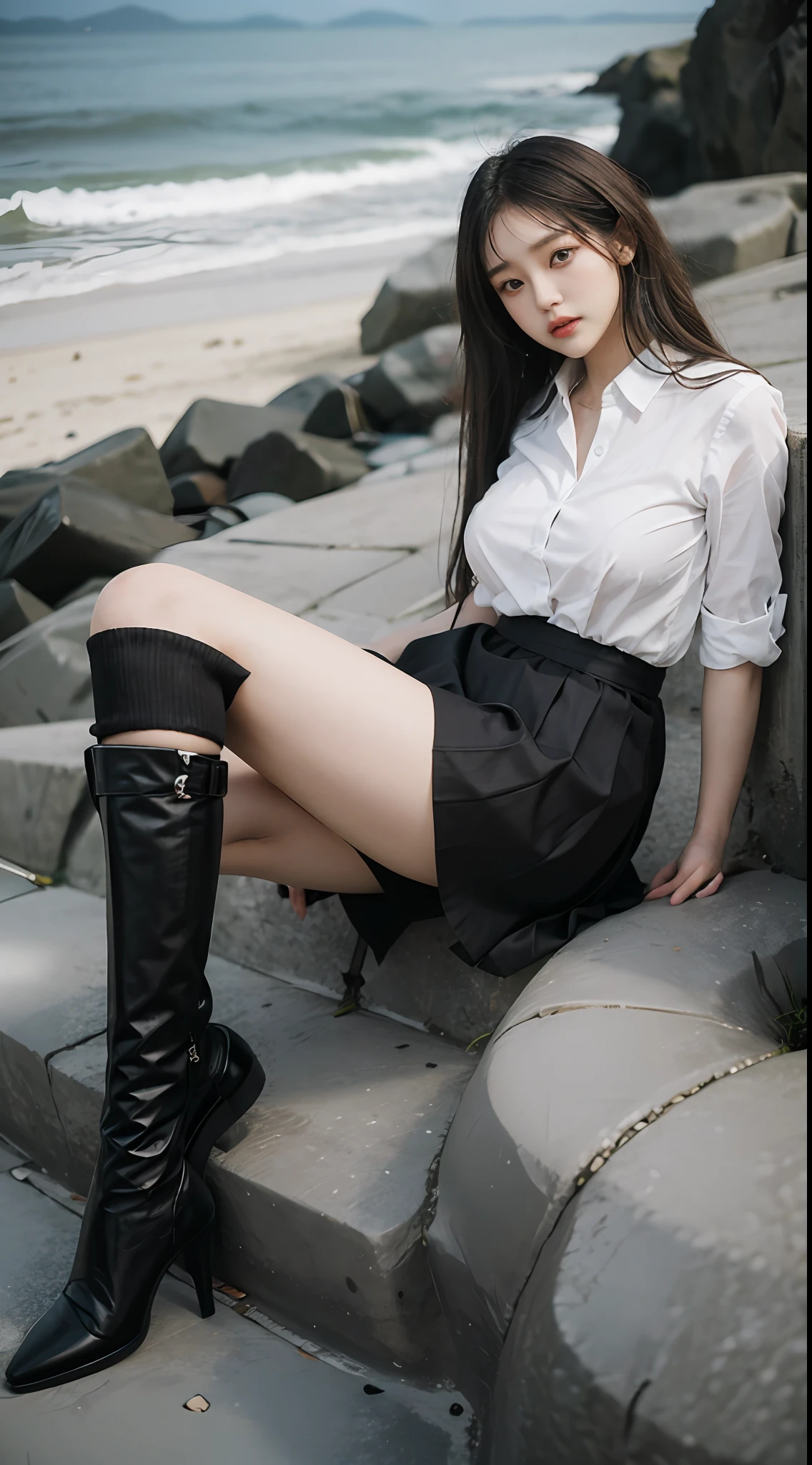 Alafi woman by the sea,sexy for,Black silk pleated skirt,white shirt,Black silk is worn on the legs,2 2 years old,thicc,She was about 26 years old,Height 170 cm,korean people,Delicate face,realisticlying,Japan goddess,very Bigger breasts