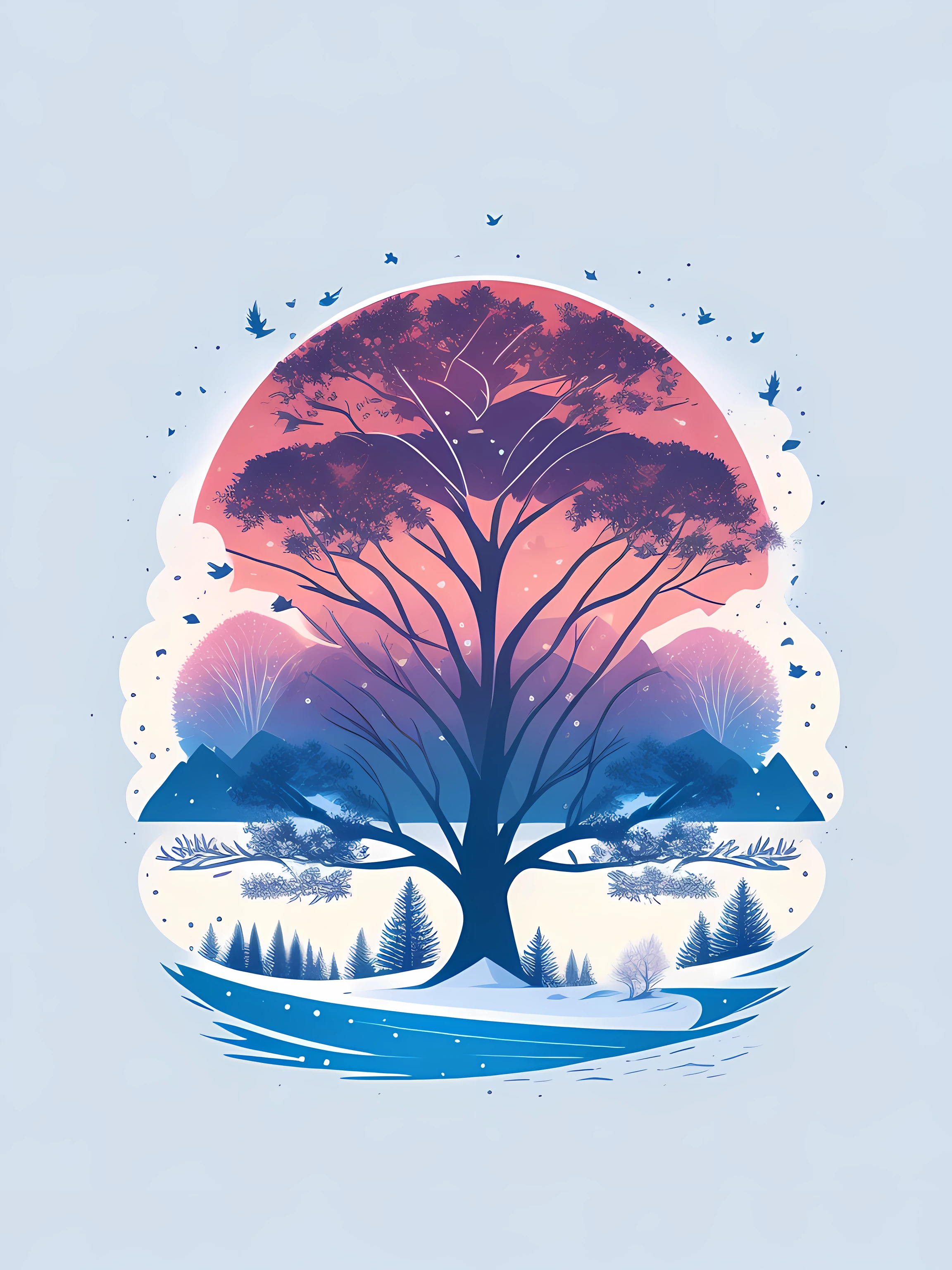 a spruice tree in a winter landscape, tshirt design, rzminjourney, vector-art