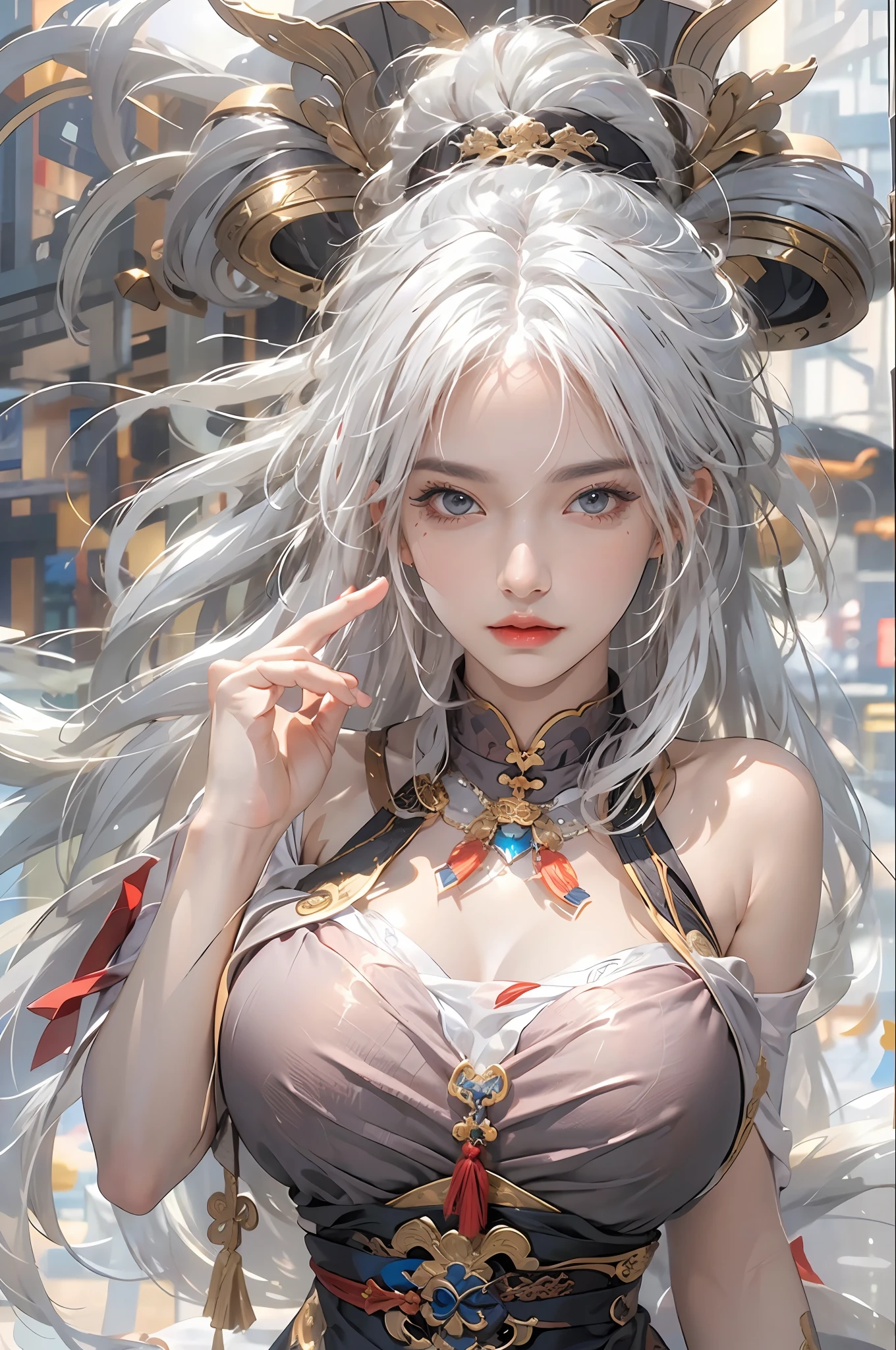 photorealistic, high resolution, 1women, solo, hips up, look at viewer, (detailed face), white hair, long hair, medium breasts, Taoist