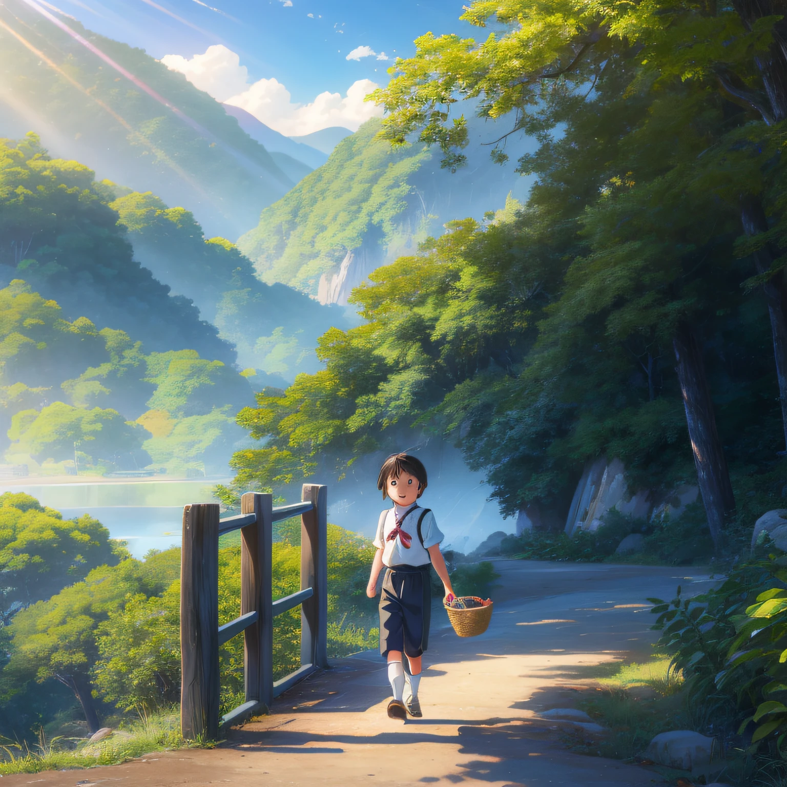30s of the last century、Seven or eight years old、A young boy with、childhood、brunette color hair、short detailed hair、exteriors、basket、walk、setting in nature、Adventure exploration、curiosity、Energetic、great outdoors、rays of sunshine、ssmile、cheerfulness、Outdoor games。