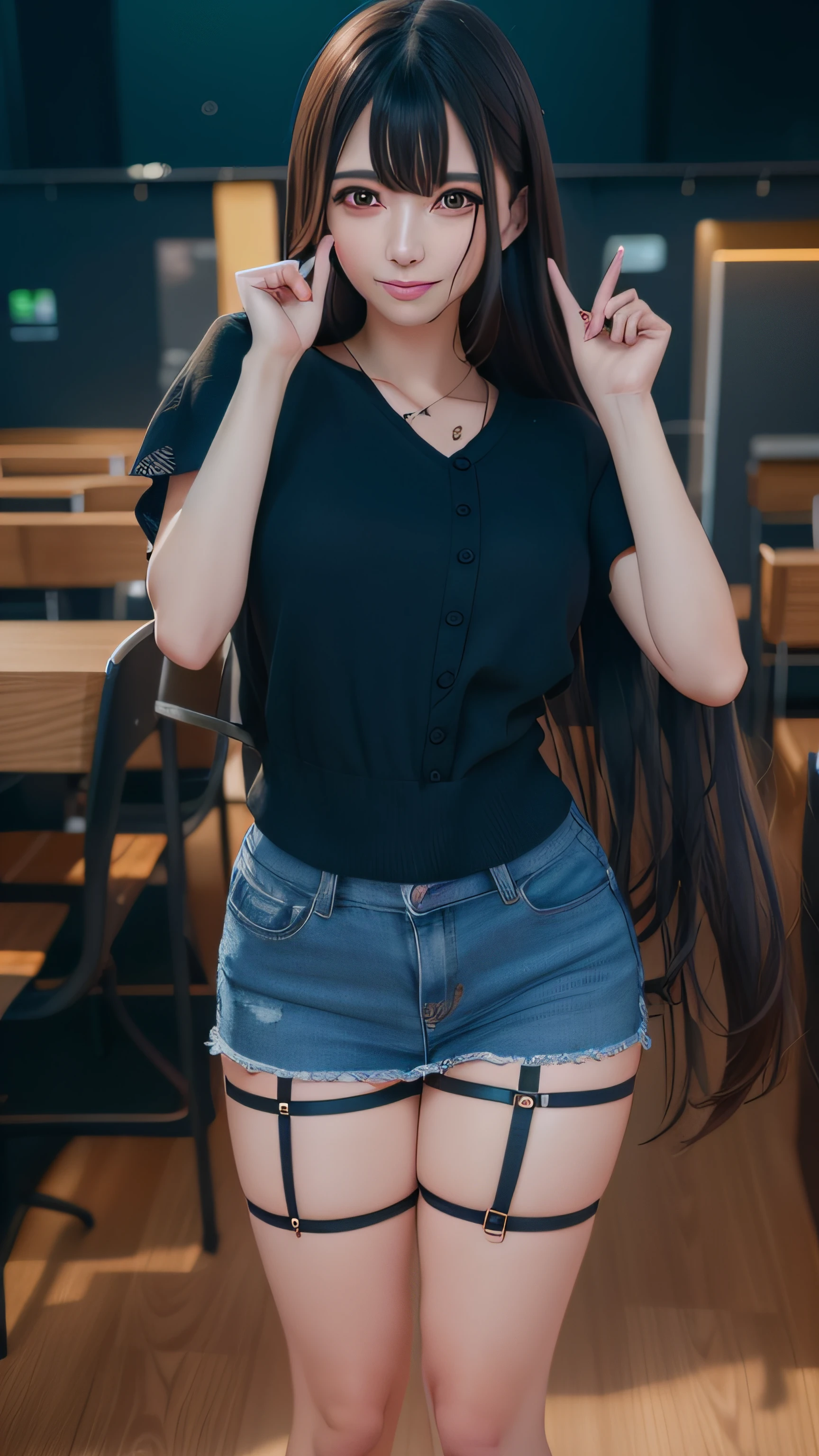 There's a woman in a short skirt posing for a photo, em roupas! altamente detalhado, Pose casual, Estudante realista, aluna hiperrealista, photorealistic anime girl rendering, render de uma anime 3d bonito, uma aluna hiperrealista, Cyber Escola Meninaeup estilo gesto pesado, anime estilo 3d, usando roupas casuais