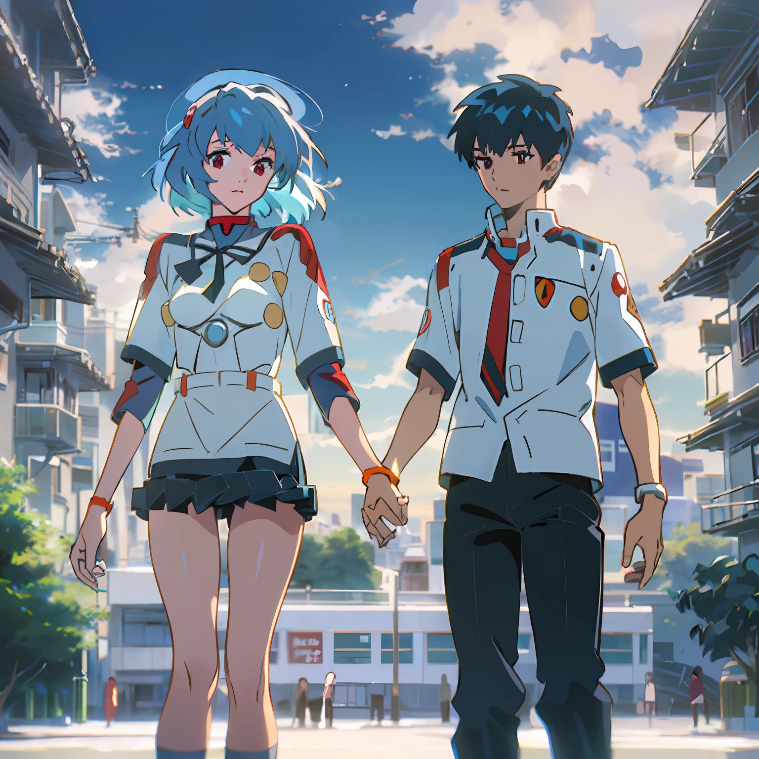 (uniform), student couple, Rei Ayanami (blue hair belly short hair, red eyes, Evangelion blue school uniform), Shinji Ikari (black hair, black eyes, white top and black pants uniform), couple with no height difference, holding hands scene, near future town background