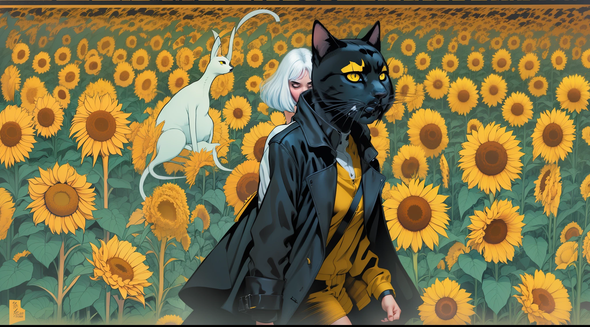 (Full body character) a pretty girl, facial expression of anguish, fear, yellow eyes, next to a black cat), (tears running down her face), (short platinum hair), white skin, (wearing a yellow overcoat) , (black shirt without print), (black pants without details, worn pants), in the background a field of sunflowers, blue sky