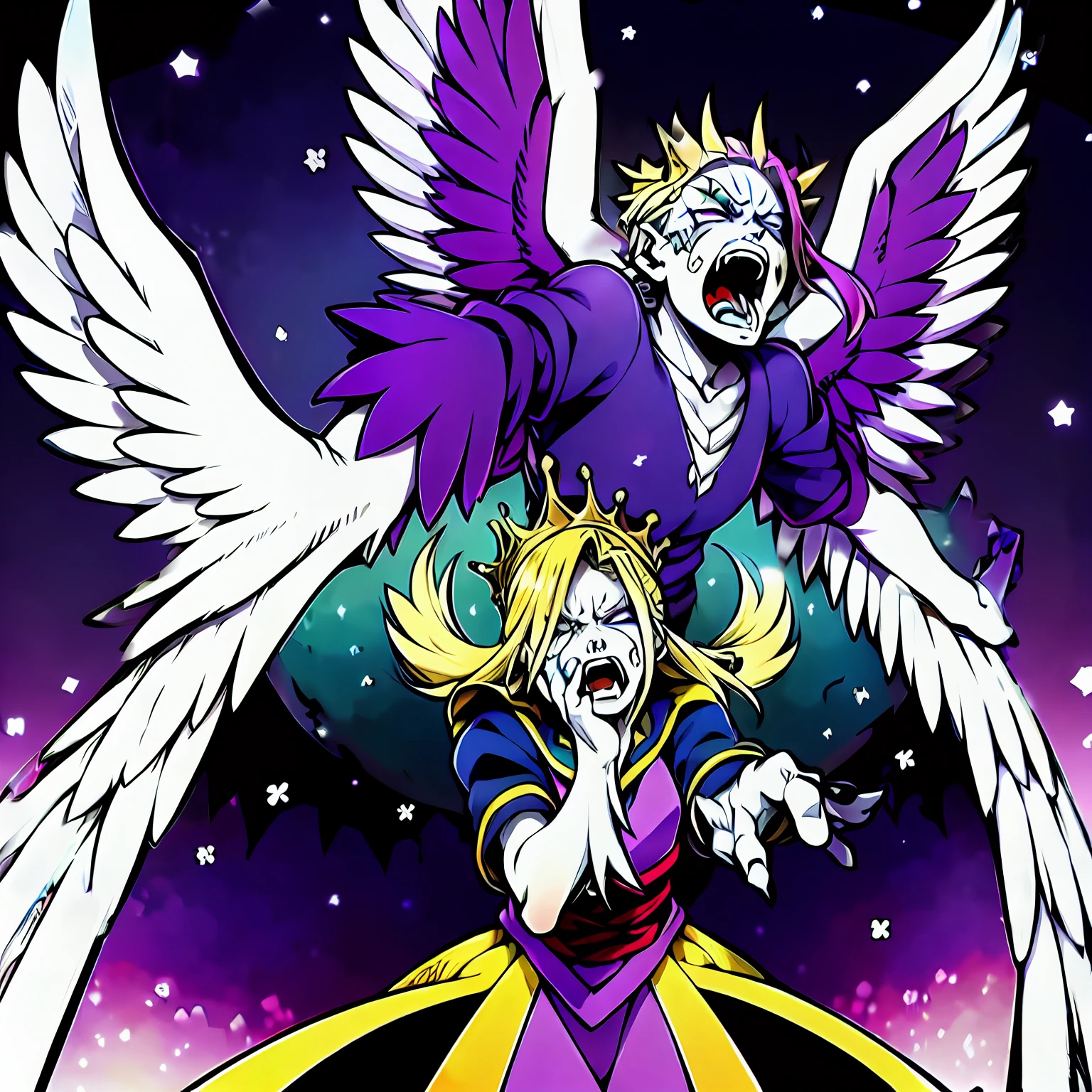 digimon \(creature\),masterpiece, best quality, Beautiful Art Style, 1boy, Solo,young man, ((Vil Schoenheit as a Digimon)), ((Evil queen from Snow White themed )),((Glass Wings)), ((Bird like)),((Purple Skin)),(( Blonde hair with a purple gradient))((White , Purple and Light blue color scheme)), Dynamic pose, Mid transformation sequence , pose(in pain , Anguish, Resistance), expression:((Screaming, Hurt, Shock)) Dark Engery, corruption