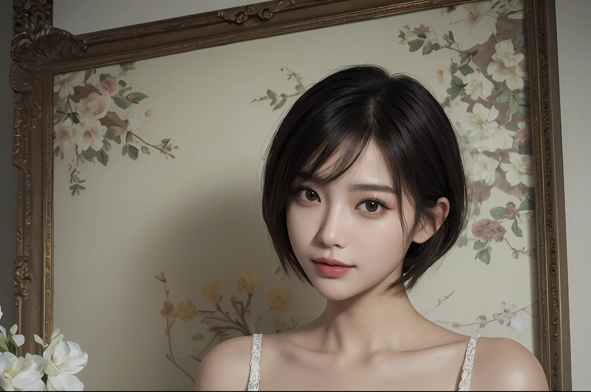 masterpiece、The highest image quality、hightquality、Beautuful Women、japanes、Popular Korean Makeup、detaileds、Swollen eyes、A detailed eye、Detailed skin、Beautiful skins、超A high resolution、(Realistis:1.4)、very extremely beautiful、Slightly younger face、Beautiful skins、thin-waist、(A hyper-realistic)、(illustratio)、(hight resolution)、(8K)、(ighly detailed)(The best illustrations)、(beautifully detailed eyes)、(ultra-detailliert)、(wall-paper)、(详细的脸)、looking at the viewers、fine detailed、 A detailed face、pureerosfaceace_v1、a smile、Looking straight ahead、photos realistic、Bright lighting、profetional lighting、A dark-haired、(((very_short_hair)))、brightly lit room、painterly、picture frame