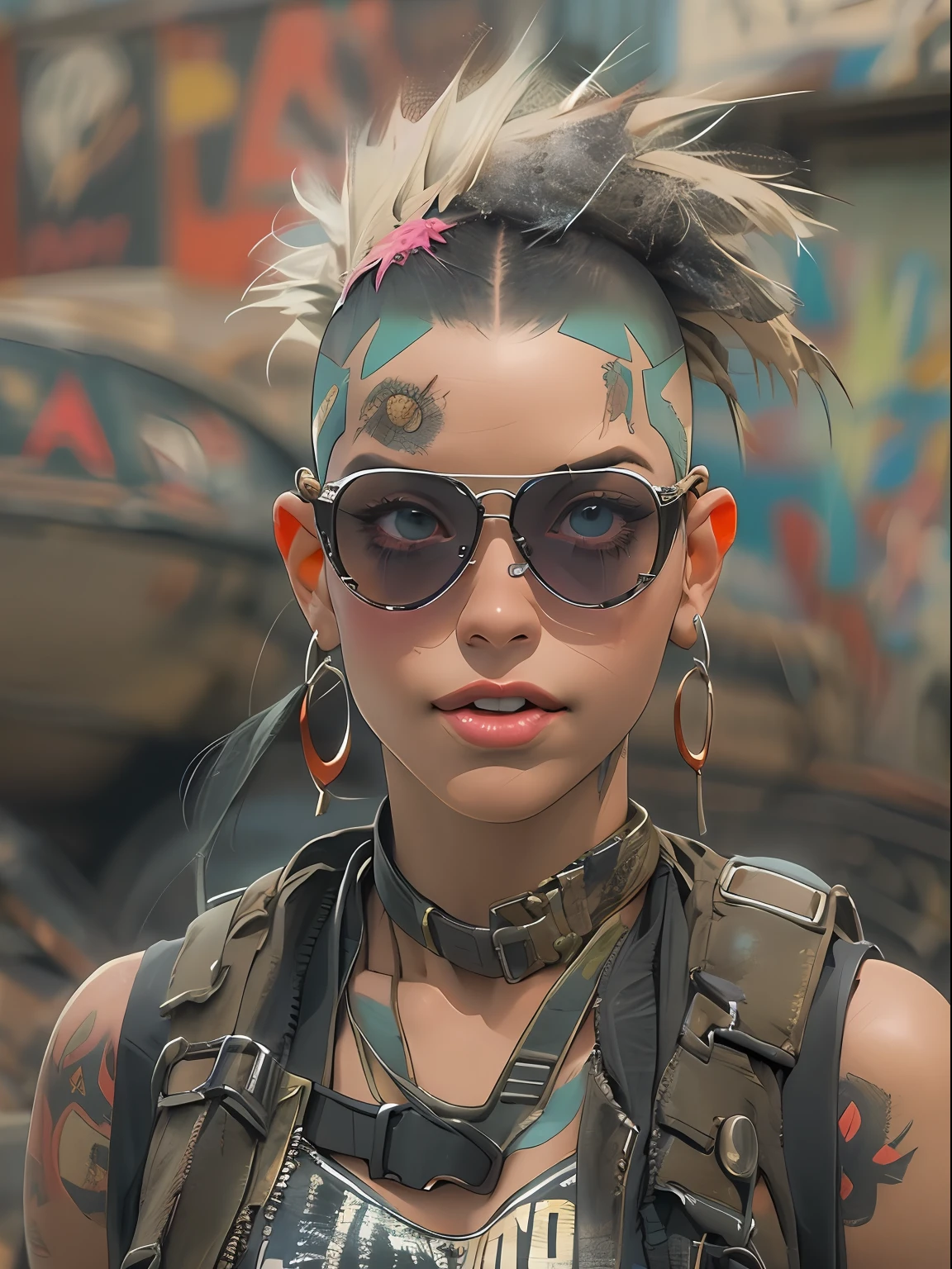 REX, REX, ((( corpo inteiro ))), glasses on the rest, master part, best quality, super detalhe, 8k, mulher linda, Tank Girl com cara de maluca, sorriso malicioso , roupa techno, (((corpo inteiro))), cabelo moicano colorido, garota punk, post-apocalyptic world, (( do tanque )), Nijistyle, roupas rasgadas e sujas, moicano curto, sides of shaved head, rosto limpo, corpo inteiro, Peito Inferior