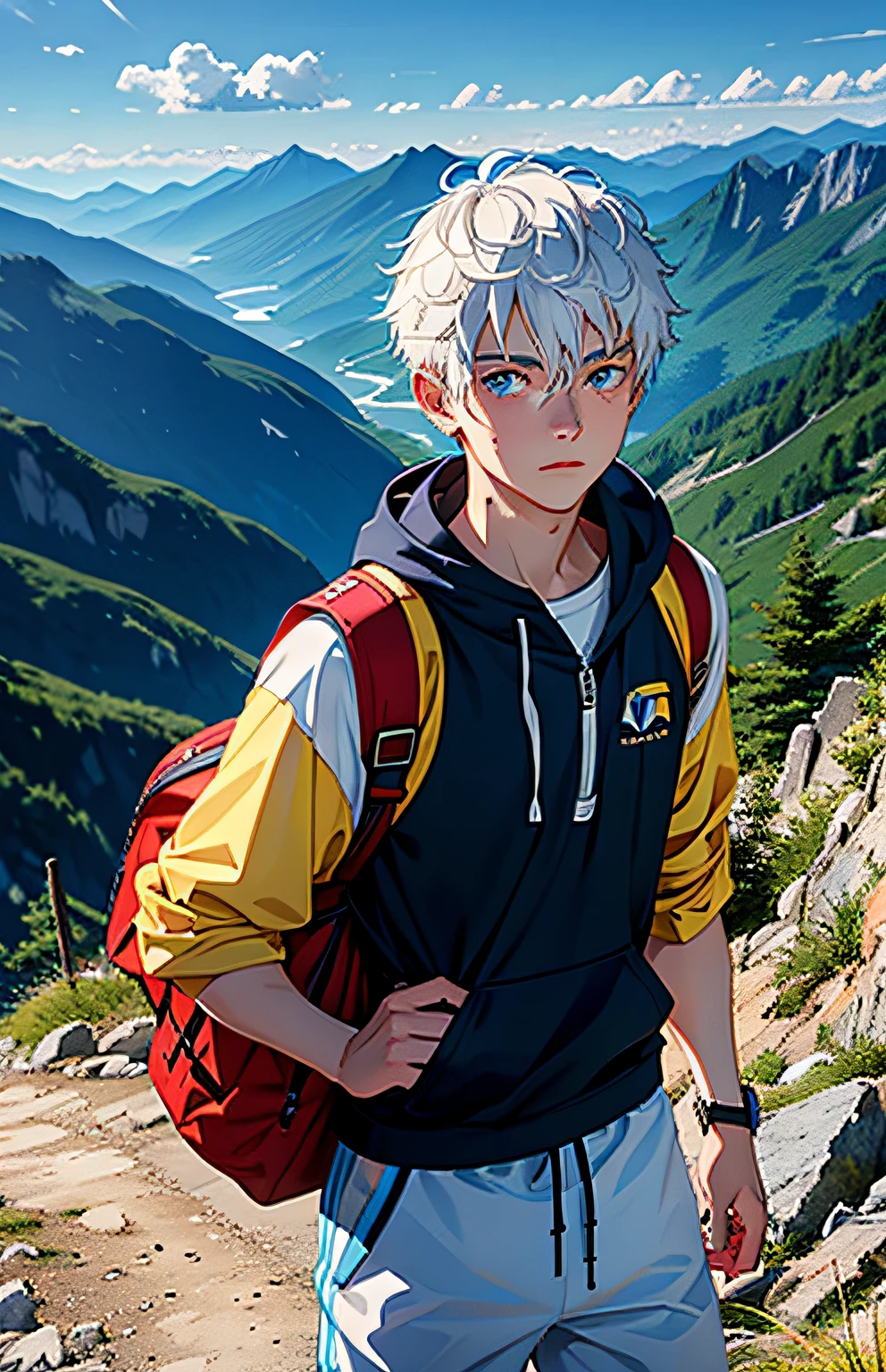 A handsome boy，18yr old，white color hair，eBlue eyes，Carrying a yellow bag，mountaineering，Behind it are a variety of mountains，Sweating，Look into the distance，Wear sportswear