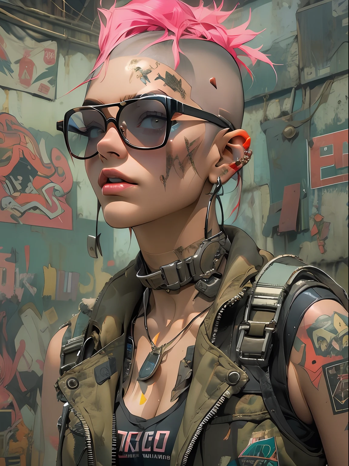 REX, REX, ((( corpo inteiro ))), glasses on the rest, master part, best quality, super detalhe, 8k, mulher linda, Tank Girl com cara de maluca, sorriso malicioso , roupa techno, (((corpo inteiro))), cabelo moicano colorido, garota punk, post-apocalyptic world, (( menina do tanque )), Nijistyle, roupas rasgadas e sujas, moicano curto, sides of shaved head, rosto limpo, corpo inteiro, Peito Inferior