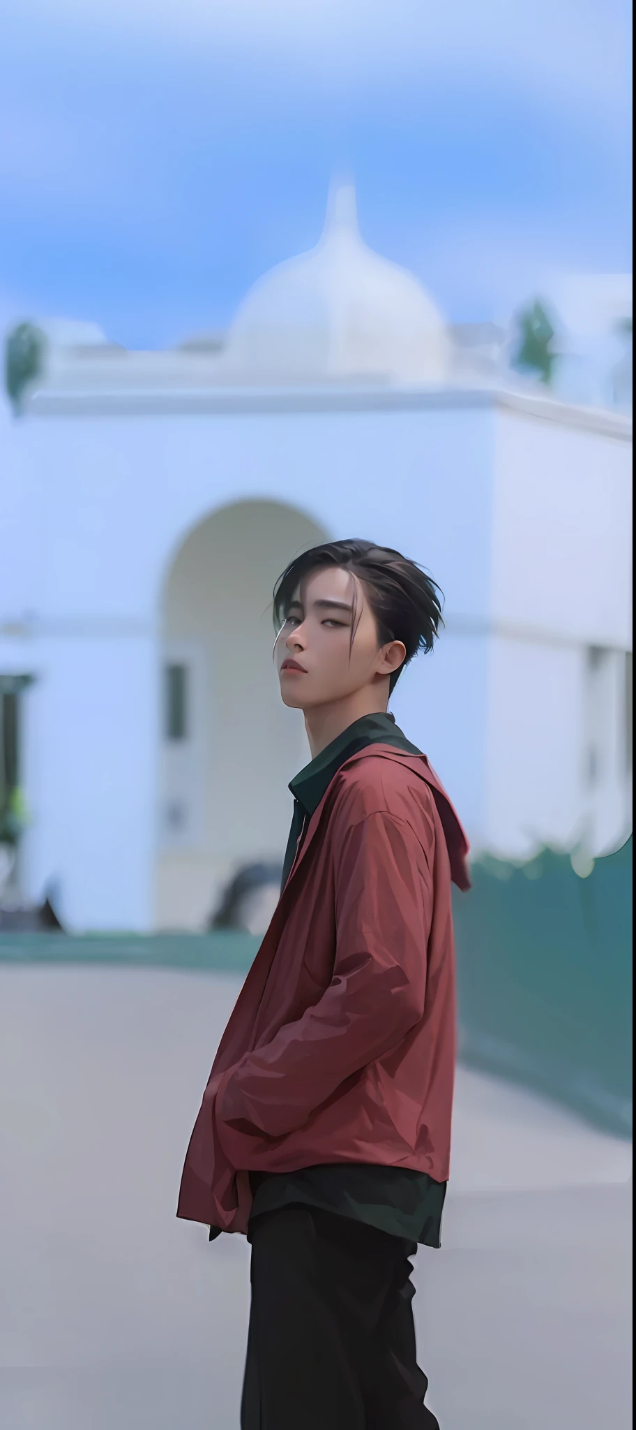 masterpiece, best quality, (dark photo:1.3), photorealistic, 1 teenage boy, short bangs short hair, stunning innocent face, dark green shirt, emotional, ulzzang, (PureErosFace_V1:0.7)