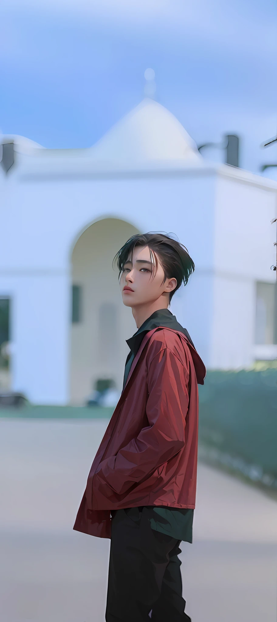masterpiece, best quality, (dark photo:1.3), photorealistic, 1 teenage boy, short bangs short hair, stunning innocent face, dark green shirt, emotional, ulzzang, (PureErosFace_V1:0.7)