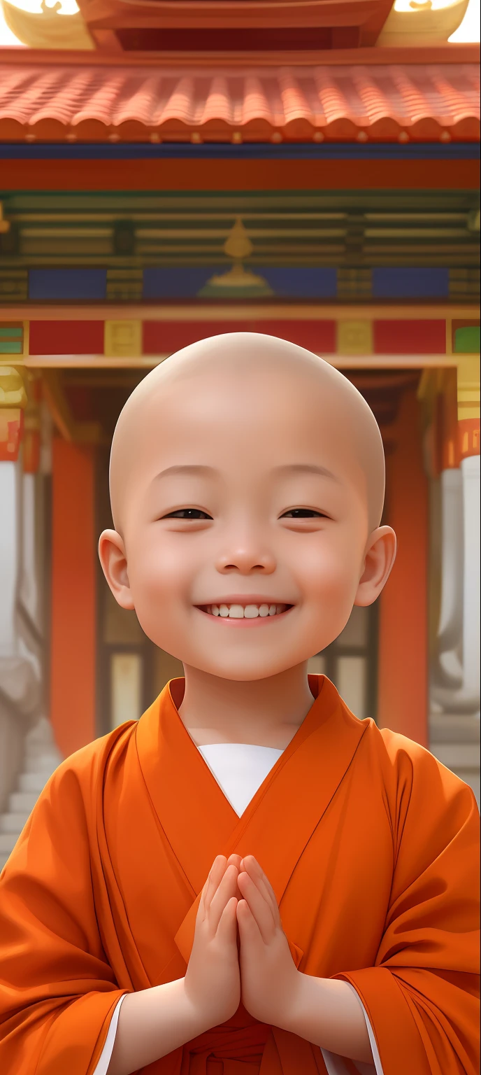 a close up of a child in a monk robe with a smile, Buddhist, Meditate in the temple，a serene smile, happy and spirited expression, Happy kids, buddhist monk, monk clothes, smiling warmly, monk, With a happy expression, Buddhism, expressing joy, Innocent smile, happy and smile, Serene expression, beautiful and smiling, Happy expression, little shy smile, lite smile, smiling expression