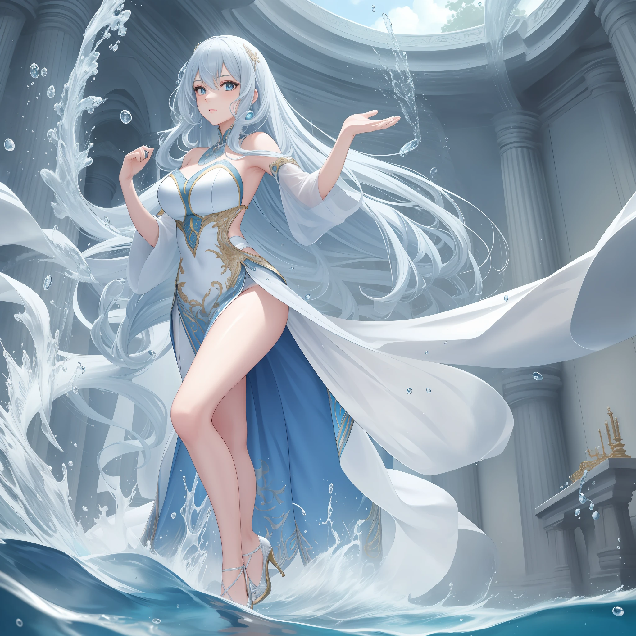 fish eye, Masterpiece, Top quality, Best quality, offcial art, Beautiful and aesthetic,A detailed,8K image quality water, (Flowing water),flowing water droplets,(splashing water drops),Water magic,Water Magic Practice, 1girll, Long hair, Water surrounds the girl's body, White gold and light blue trimmed dress,Sexy high heels,Slim body library,long white hair, Beautiful face, Hand up, Fighting stance,friction ridge,High value