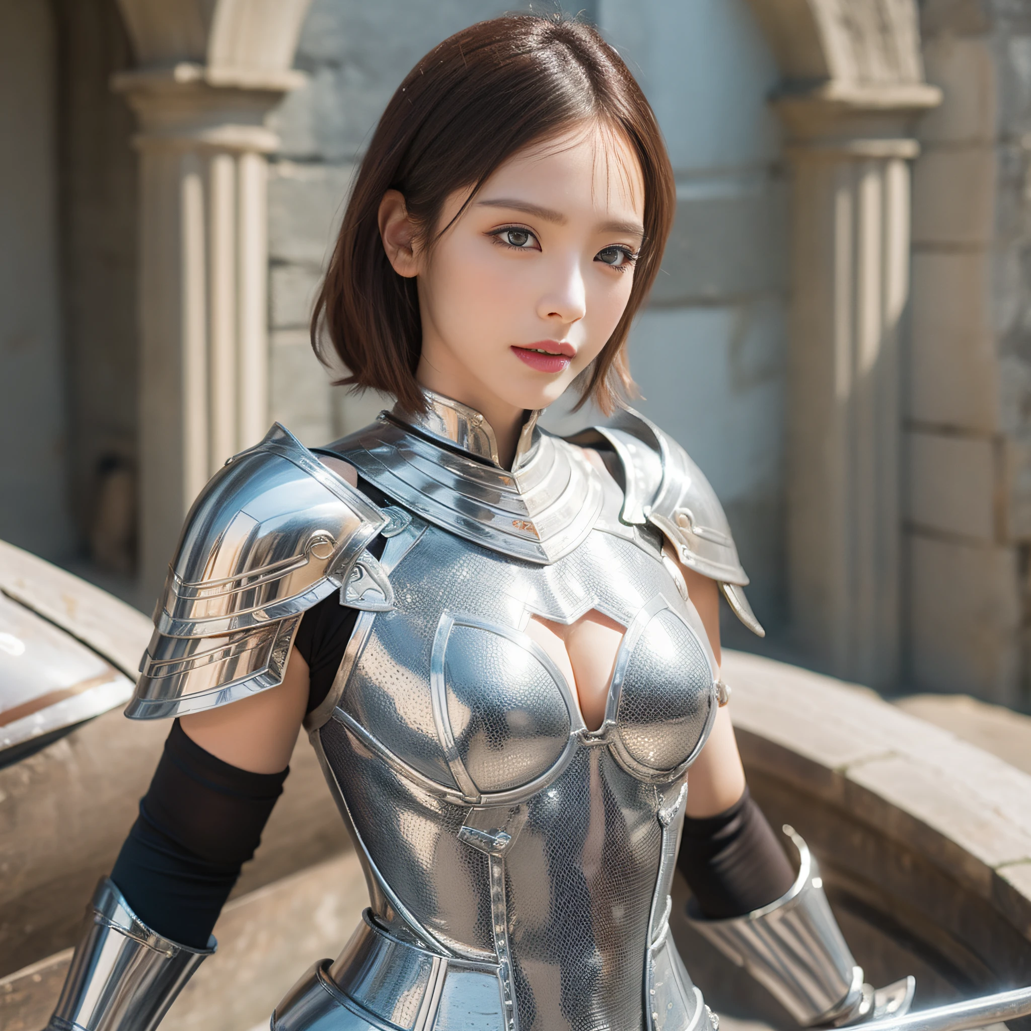 warrioress，preparing to fight，Acropolis，The sun shines，Armor，The temperament is elegant。tmasterpiece，Saint Seiya style armor