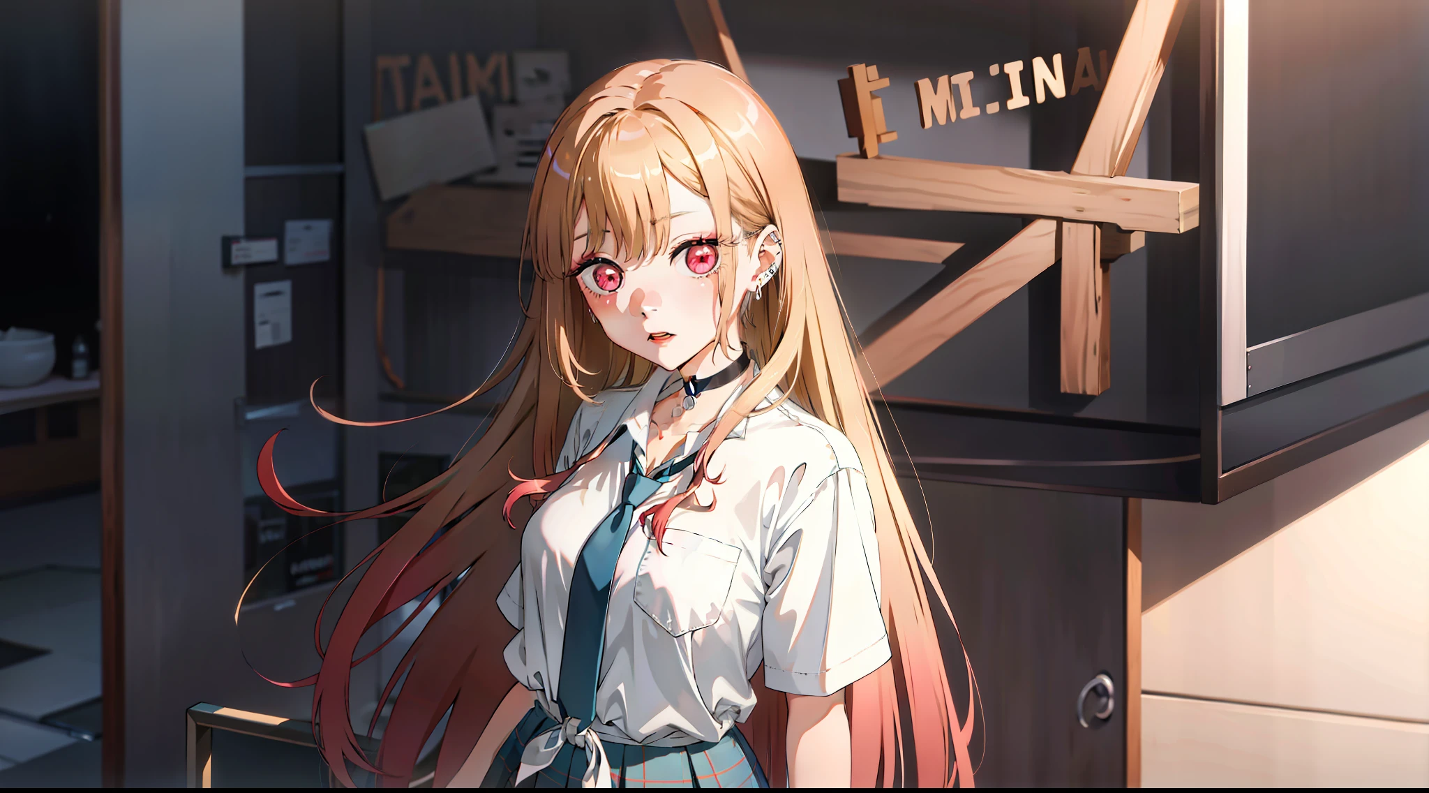 1girl Makikawa Mazu long hair blonde hair red eye piercing earrings earrings stud earrings black choker loose tie transparent school uniform white collar shirt blue skirt pleated skirt plaid skirt bracelet long fingernails,Pink nails,nail art,(tmasterpiece:1.2),A high resolution,best qualtiy,8k,great clarity,Drenched lower body