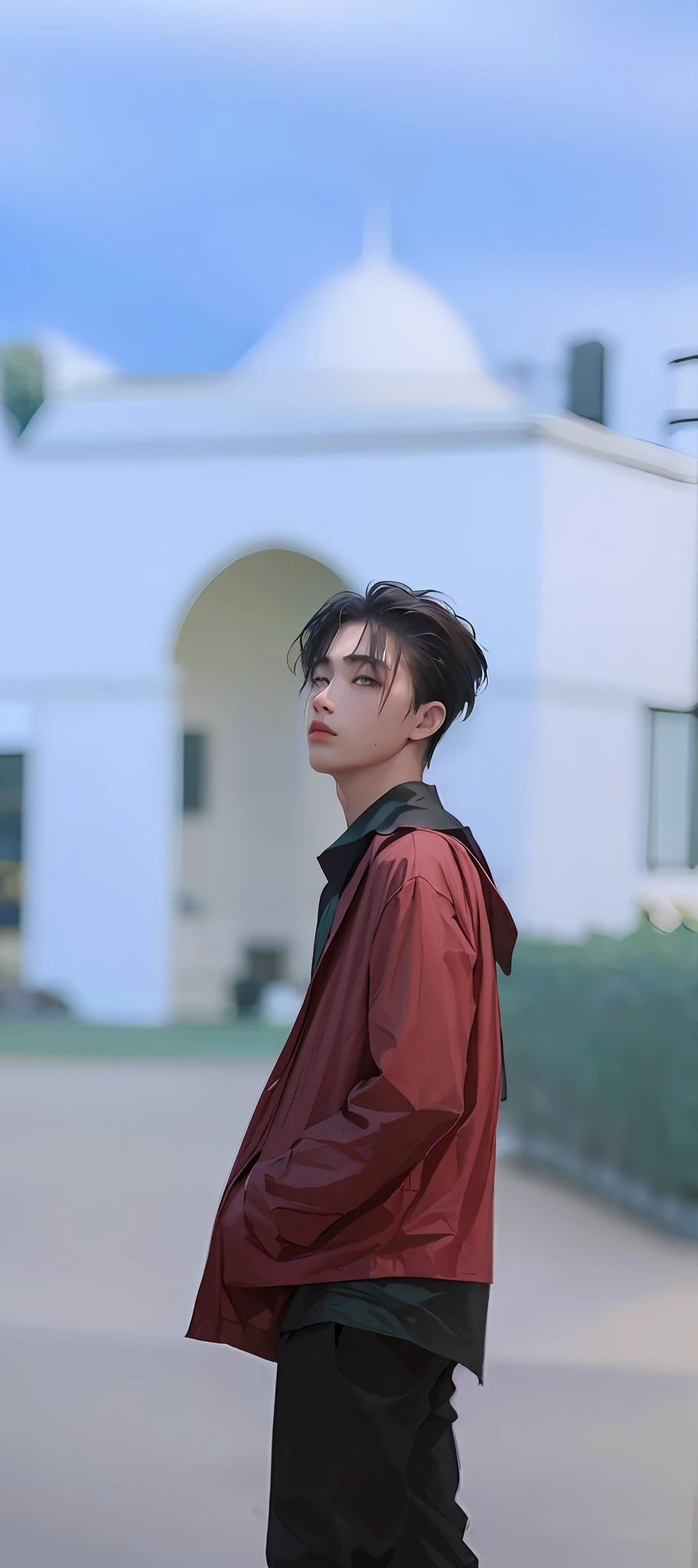 masterpiece, best quality, (dark photo:1.3), photorealistic, 1 age boy, short bangs short hair, stunning innocent face, dark green shirt, emotional, ulzzang, (PureErosFace_V1:0.7)