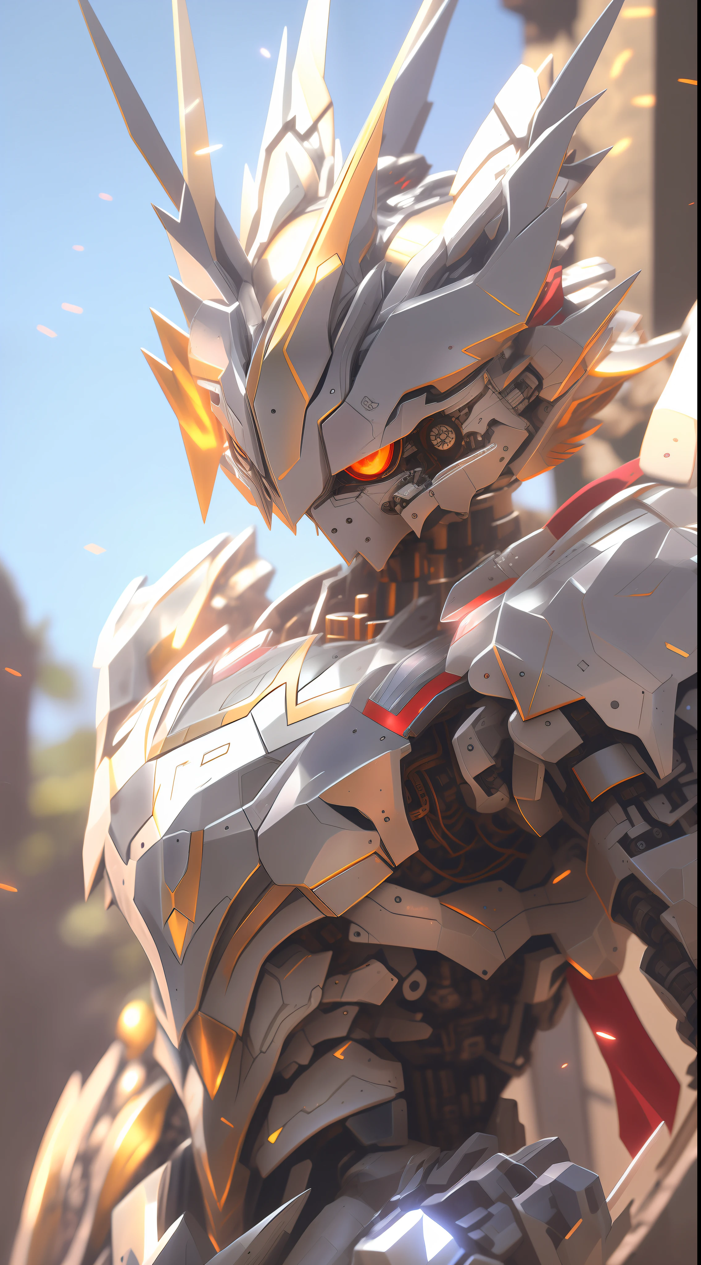 a close up of a robot like figure with a sword, Detailed digital anime art, 4k highly detailed digital art, Best anime 4k konachan wallpaper, Badass anime 8 K, 4K detailed digital art, robot mecha female dragon head, style of anime4 K, 8K high quality detailed art, mecha art, anime robotic mixed with organic