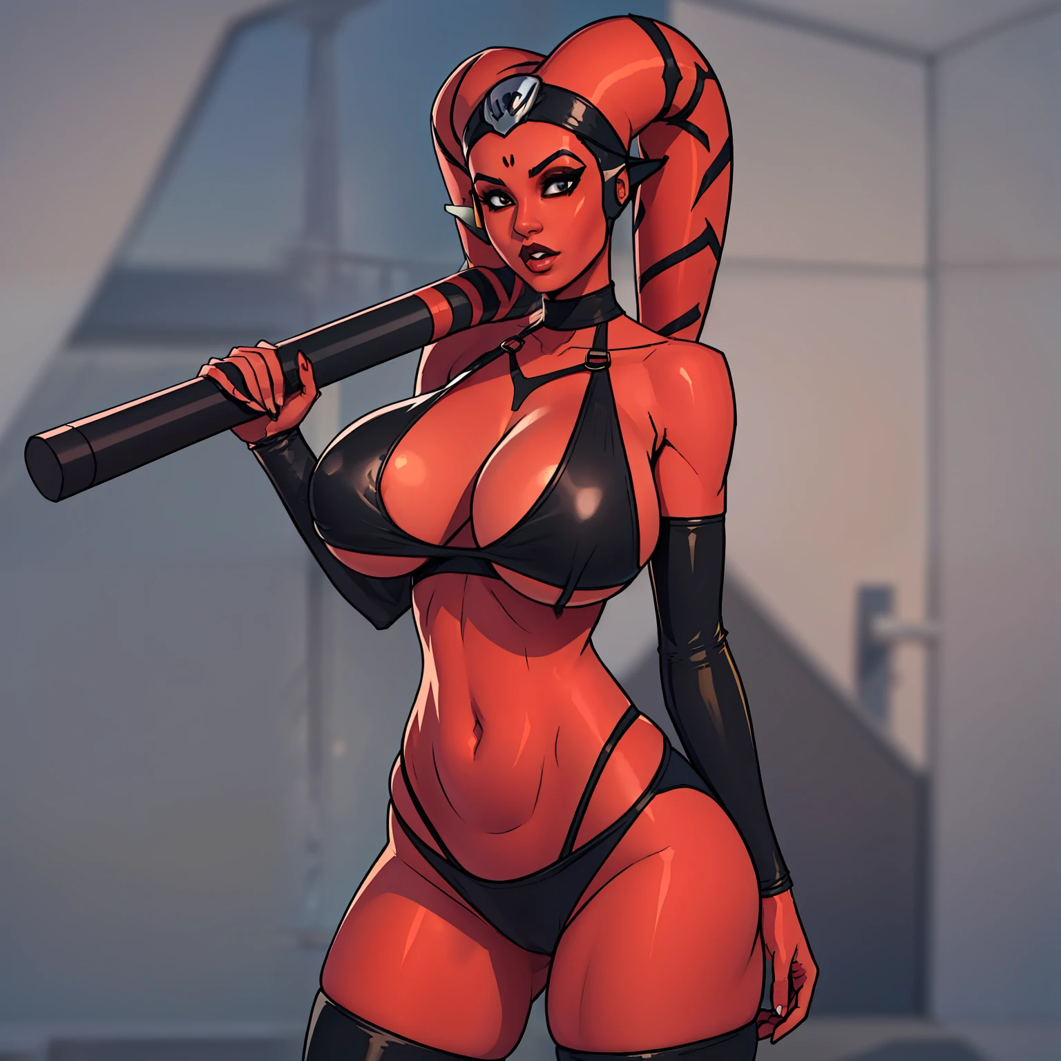 busty Red Skin Twi'lek with gigantic tits wearing black spandex, (((gigantic breasts, huge breasts))), slim hips, slim waist, small hips, balsamique