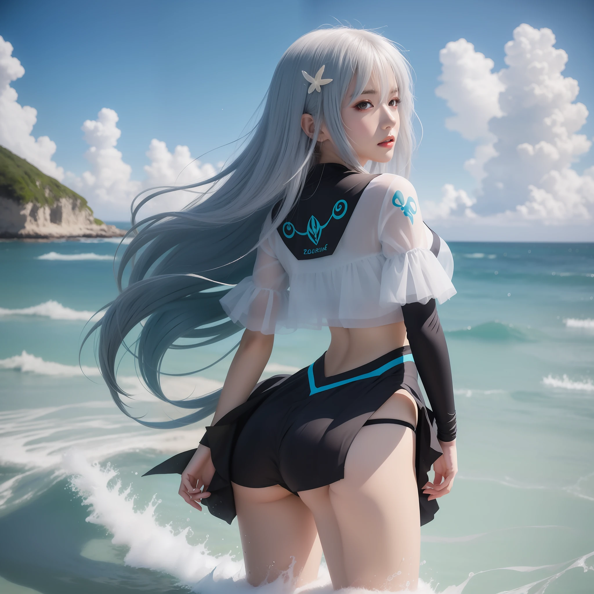 Anime girl with long white hair standing in the ocean, Digital anime art, advanced digital anime art, style of anime4 K, anime styled digital art, Anime art wallpaper 8 K, Smooth anime CG art, 2. 5 D CGI anime fantasy artwork, 4K anime wallpaper, Beautiful anime artwork, Anime art wallpaper 4 K, Anime art wallpaper 4k, Detailed digital anime art，Turn around，Expose the curve of the chest，Wearing a tulle sheer outfit