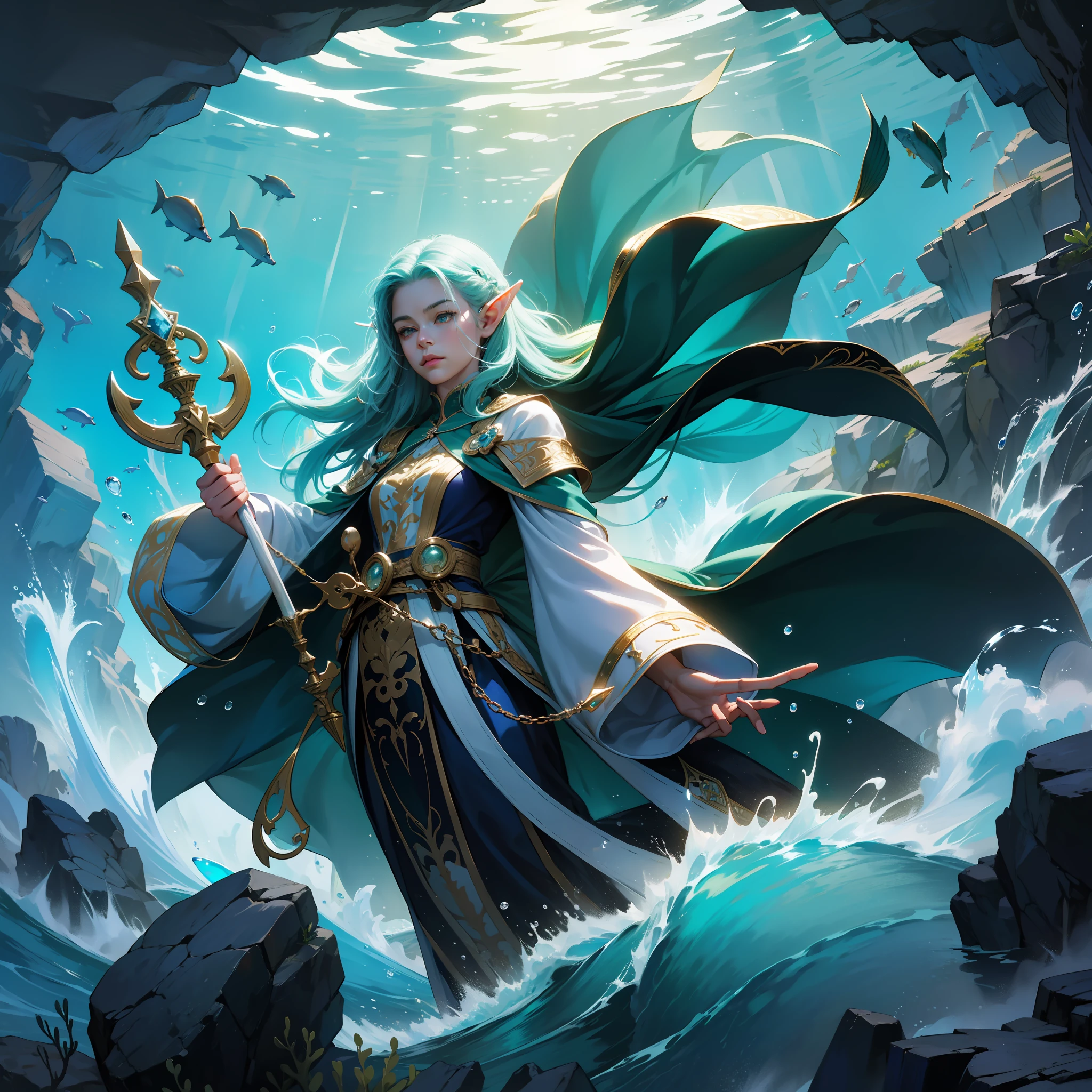 high details, best quality, 8k, [ultra detailed], masterpiece, best quality, (extremely detailed), dynamic angle, ultra wide shot, RAW, photorealistic, fantasy art, dnd art, rpg art, realistic art, an ultra wide picture of a sea elf casting water control spell (1.5 intricate details, Masterpiece, best quality) druid casting ((water control spell)), water wizard ((water magic)) ((magical light)), ((contrilong swirling mass of water)), female sea elf, blue skin, green hair, long hair, swirling hair, intense eyes,small pointed eard, ((glowing eyes)),holding a magical trident, wearing sea shell clothing, beautiful elf, underwater background, rich underwater life, fish and sea weeds, high details, best quality, highres, ultra wide angle