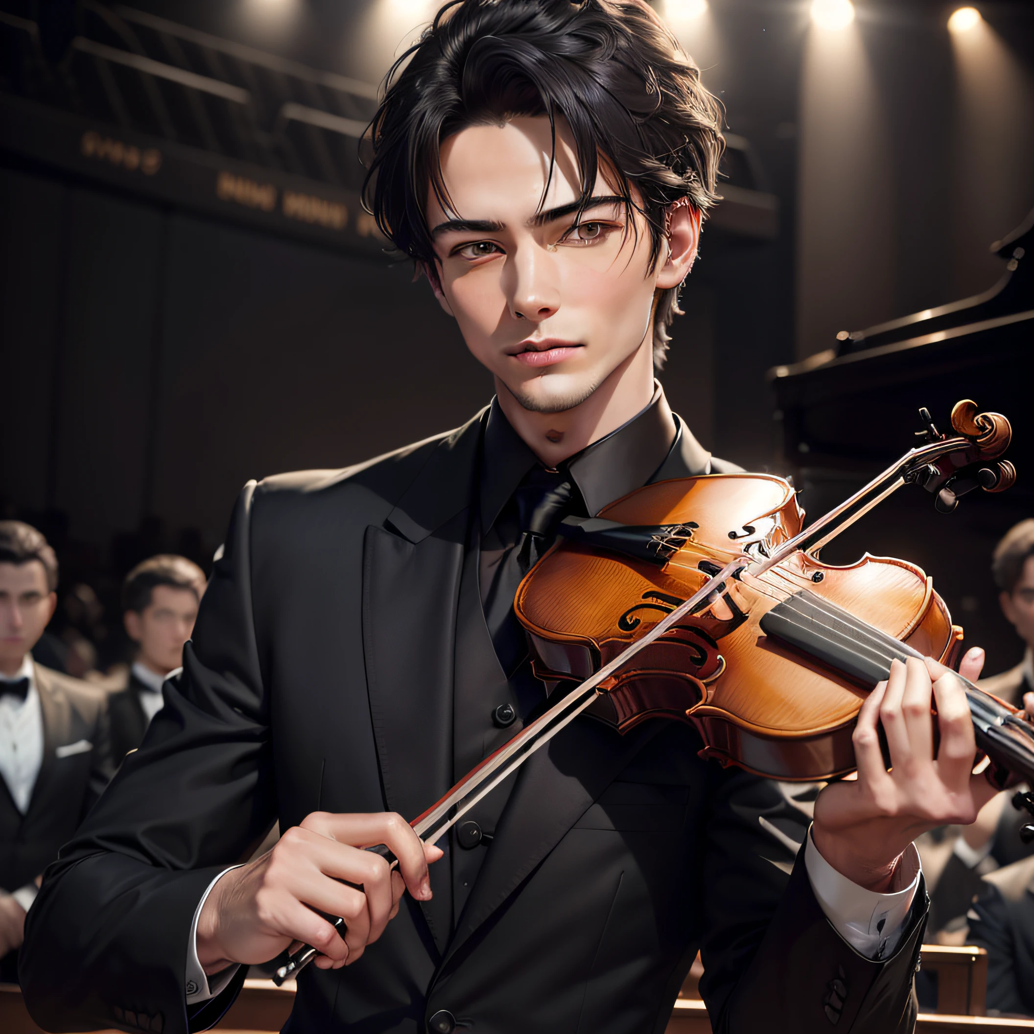 man in black suit playing violin, head shot, looking at the camera, wearing Armani suites 20 year old man , white piano, at concert hall, on a stage, attractive man, attractive male, short black hair, high res, Japanese man, handsome male, brown-eyed man, realistic, soft smile, soft lighting,