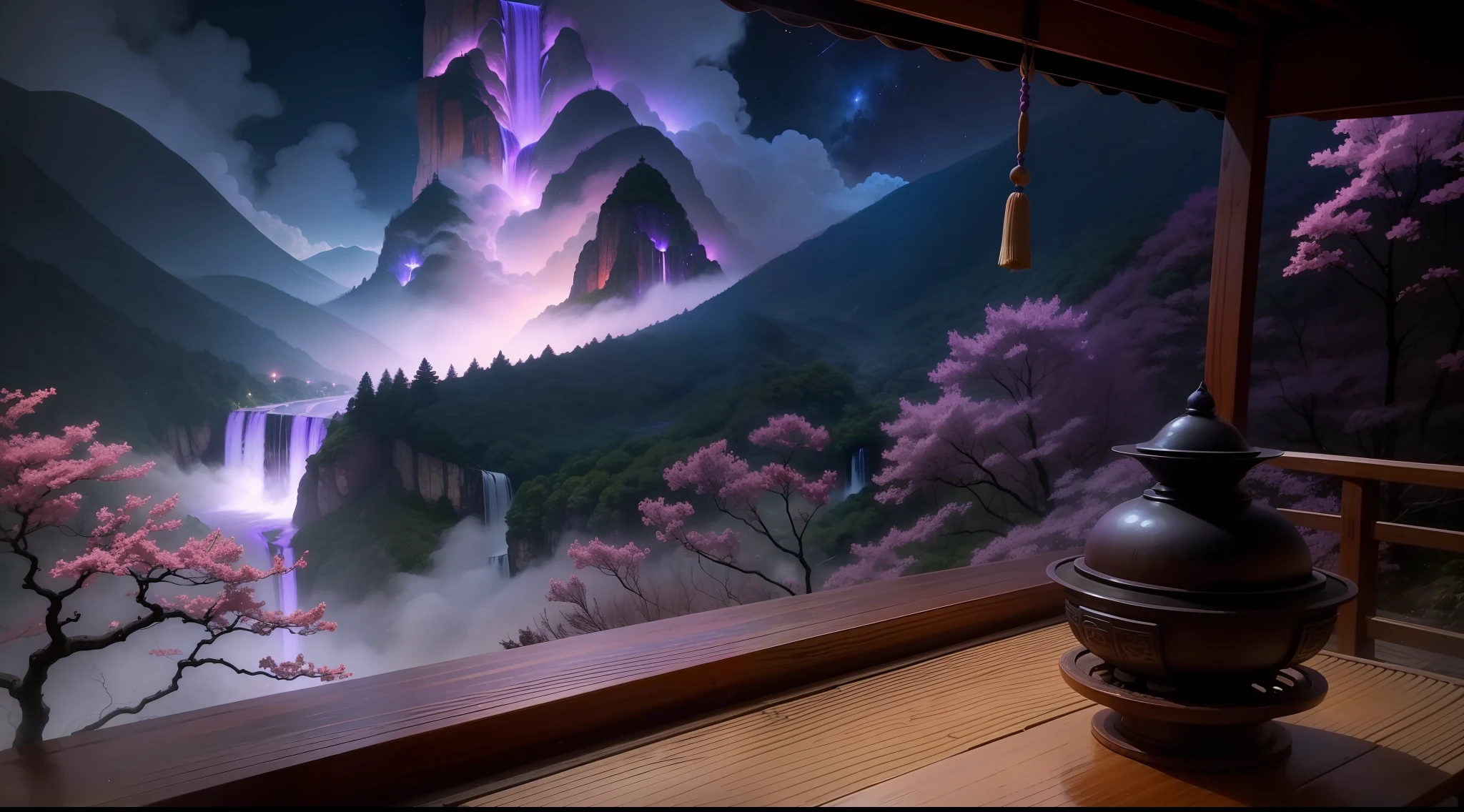 The incense burner produces purple smoke，Look at the waterfall hanging maekawa from afar。The stream plummeted 3,000 feet，It is suspected that the Milky Way fell for nine days。