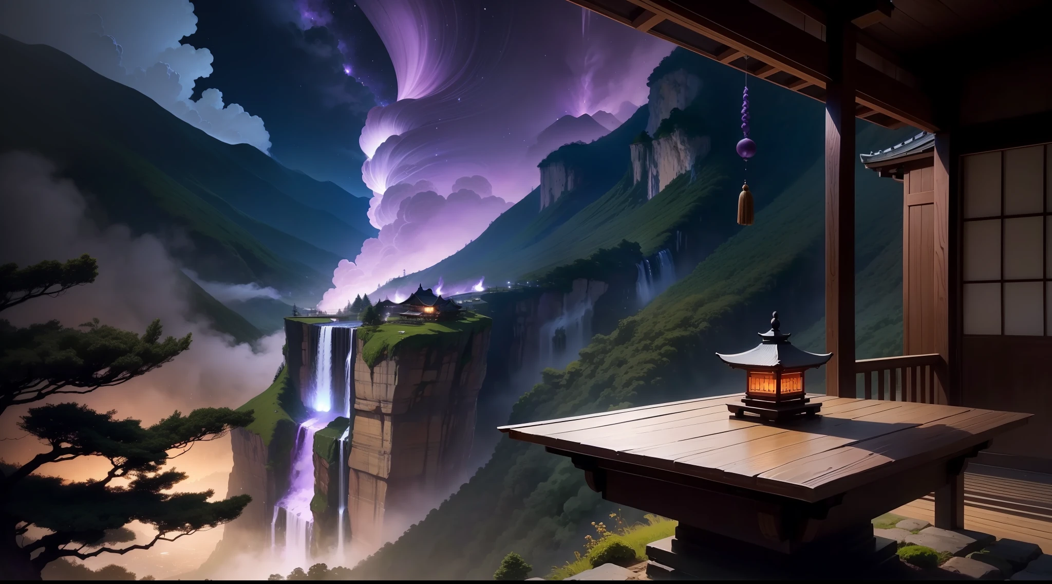 The incense burner produces purple smoke，Look at the waterfall hanging maekawa from afar。The stream plummeted 3,000 feet，It is suspected that the Milky Way fell for nine days。