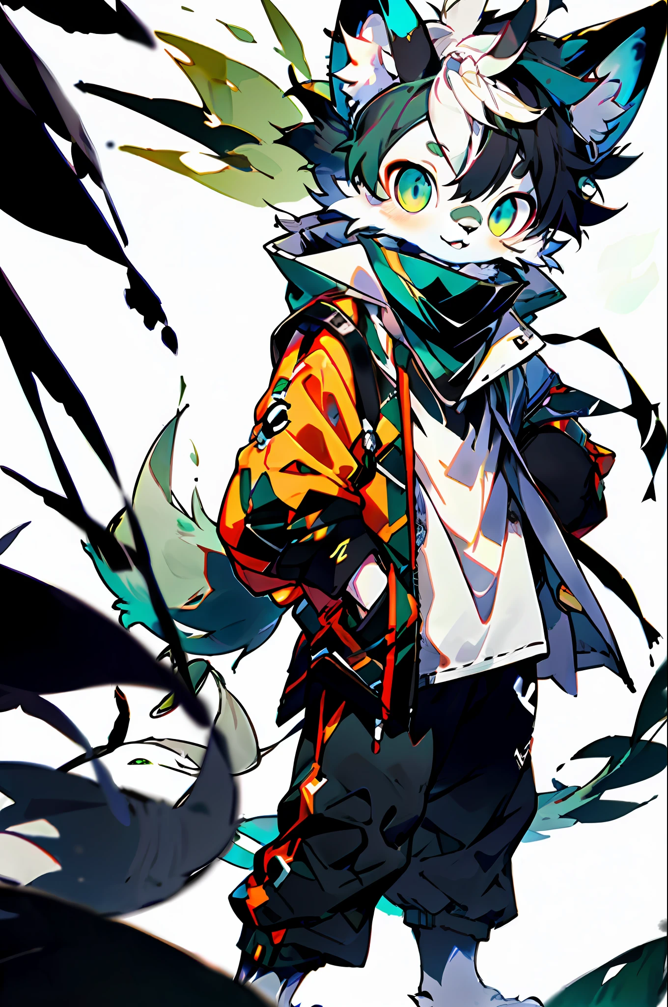 eyes with brightness,Junior style,coffeehouse,Wear black clothes and pants,White fur for men,Green eyes,in a panoramic view,Little cute,Will sell moe,shaggy,Furry male cat,Character focus,The characters are standing