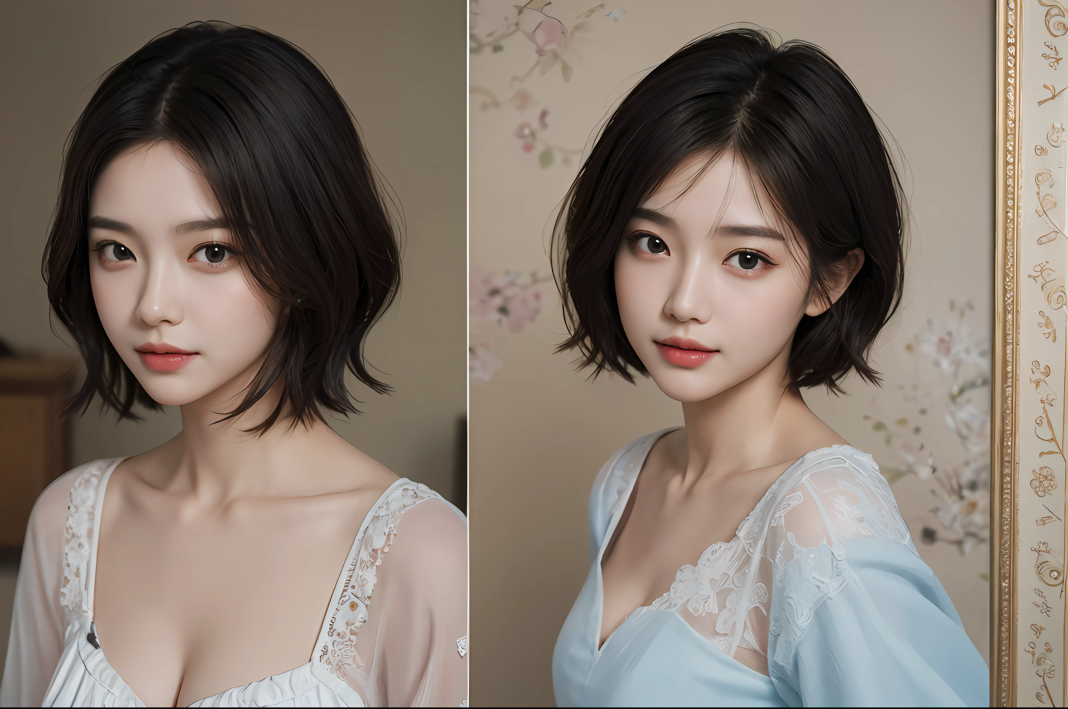 ​masterpiece、The highest image quality、hightquality、Beautuful Women、japanes、Popular Korean Makeup、detaileds、Swollen eyes、A detailed eye、Detailed skin、Beautiful skins、超A high resolution、(Realistis:1.4)、very extremely beautiful、Slightly younger face、Beautiful skins、thin-waist、(A hyper-realistic)、(illustratio)、(hight resolution)、(8K)、(ighly detailed)(The best illustrations)、(beautifully detailed eyes)、(ultra-detailliert)、(wall-paper)、(详细的脸)、looking at the viewers、fine detailed、 A detailed face、pureerosfaceace_v1、a smile、Looking straight ahead、photos realistic、Bright lighting、profetional lighting、A dark-haired、(((very_short_hair)))、brightly lit room、painterly、picture frame
