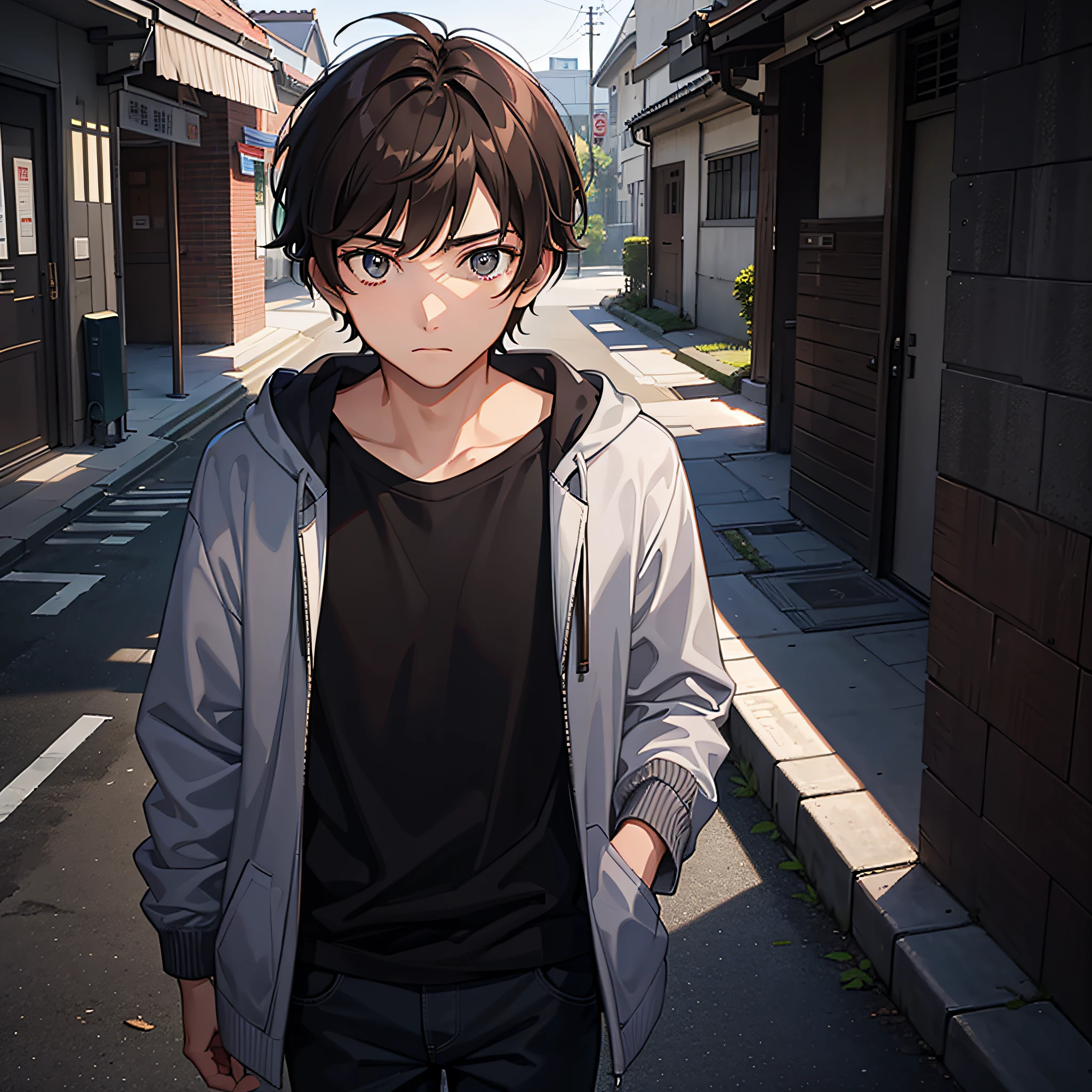 An 18-year-old boy，[with short brown hair:1.2]，[Mysterious eyes]，[Stand quietly outside the campus fence，The gaze is unusually staring]。