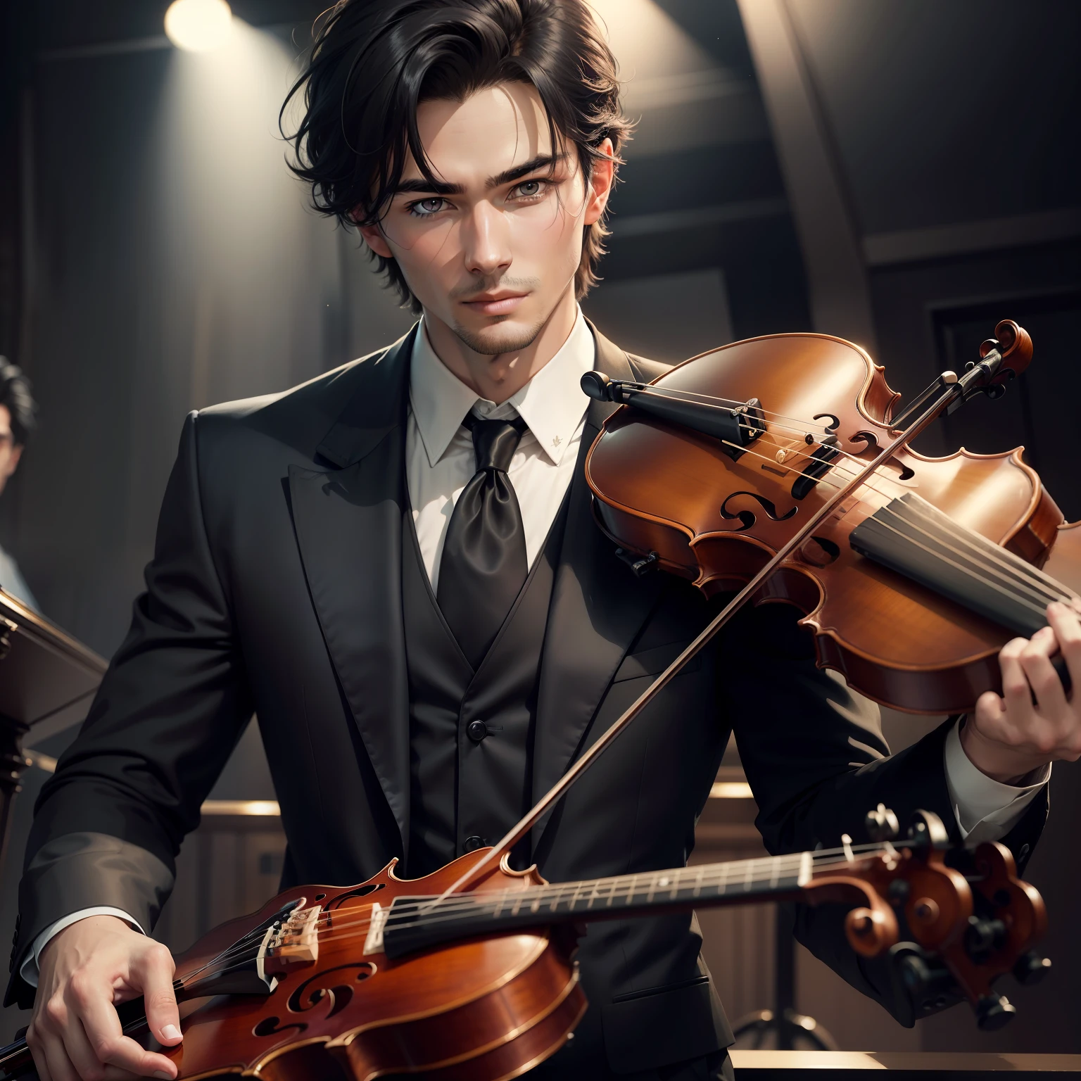 man in black suit playing violin, head shot, looking at the camera, wearing Armani suites 20 year old man , white piano, at concert hall, on a stage, attractive man, attractive male, short black hair, high res, Japanese man, handsome male, brown-eyed man, realistic, soft smile, soft lighting,