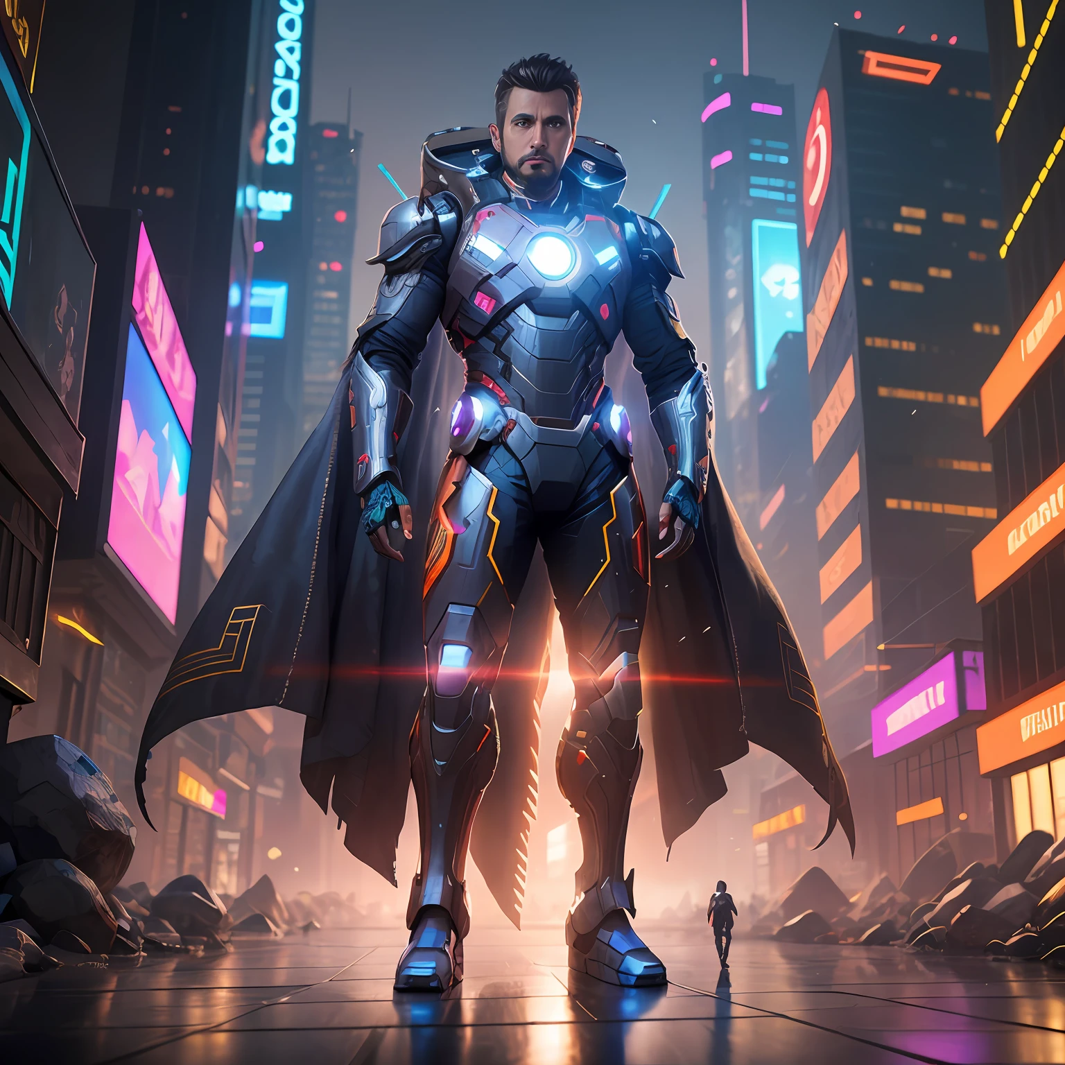 arafed image of a man in a futuristic suit standing in a city, hero pose colorful city lighting, 3 D rendering character art 8 K, master chief in cyberpunk city, cyberpunk iron man, cyberpunk art ultrarealistic 8k, wojtek fus, trending on artstation 4k, unreal engine character art, cyberpunk knight, fantasy style 8 k octane render, cyberpunk hero