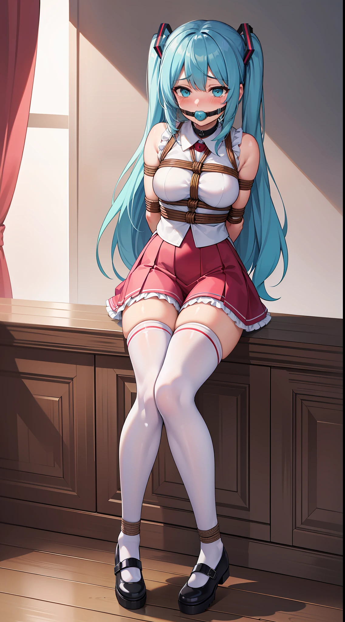 masterpiece, best quality,solo,((miku)),((blush)), ((tears)), ((shy)),((gag)),((white thighhighs)),((frilled socks)), ((((mary janes)))),((arms_behind_back)),((legs together)), ((bondage)),((shibari)),