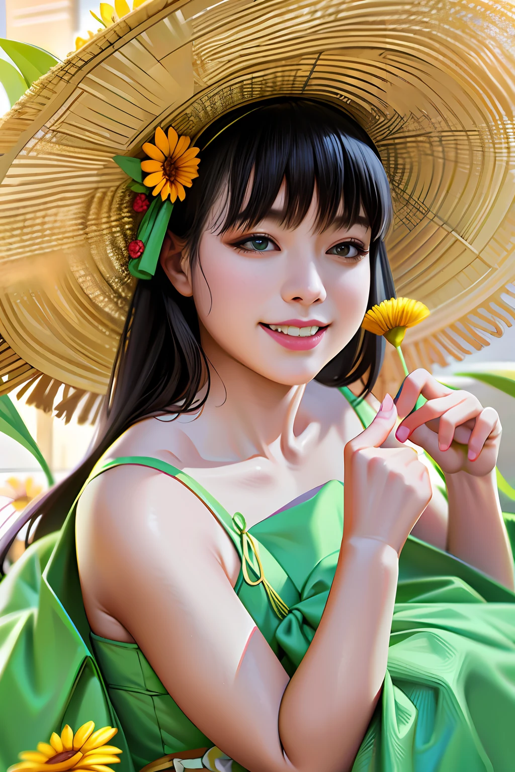 high definition resolution,(Official fine art,Beauty Feeling:1.2),(best qualtiy,tmasterpiece:1.4),8k,Allad asian girl holding flowers in green dress and straw hat, Young Asian girl, Chinese girl, young cute wan asian face, portrait of a japanese teen, Cute young girl, Asian girl, Photo taken with Nikon D 7 5 0, Photo taken with Nikon D750, portrait of a japanese girl, gorgeous young model,