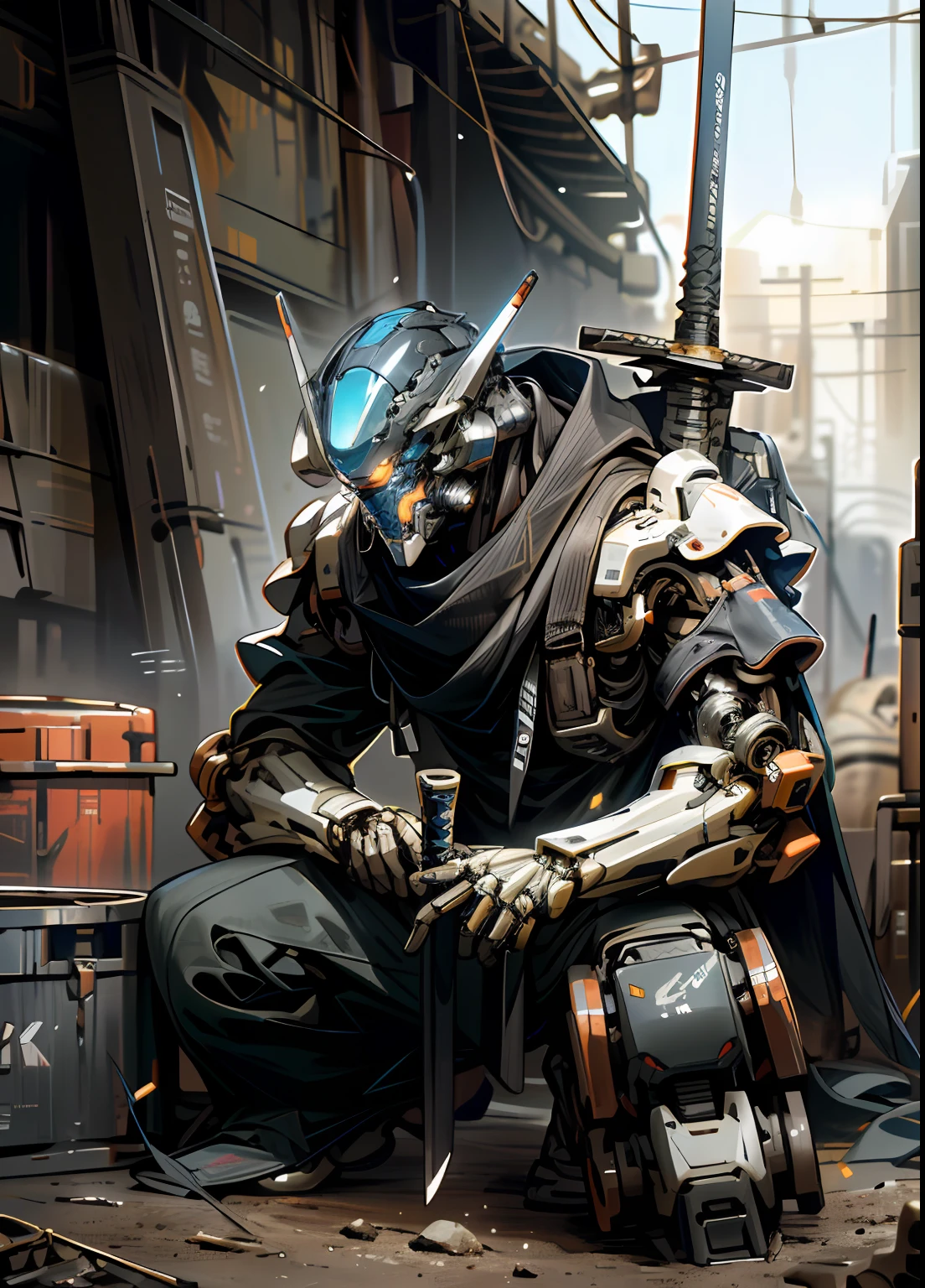 Dark_fantasy,Cyberpunk, (Best quality, Masterpiece),Blue,1人,Overwatch,Robotic presence,cybernetic guardians,Wearing a worn-out scarf, Sword of cybernetics, Desert, highest quality digital art, stunning art, Wallpaper 4k, Highly detailed, military robot,Army, warzone,Black and white, highest quality digital art, stunning art, Wallpaper 4k,8K,64k, HD, Unbeatable masterpiece, Dynamic lighting, Cinematic, Epic, Burnt mechanical parts