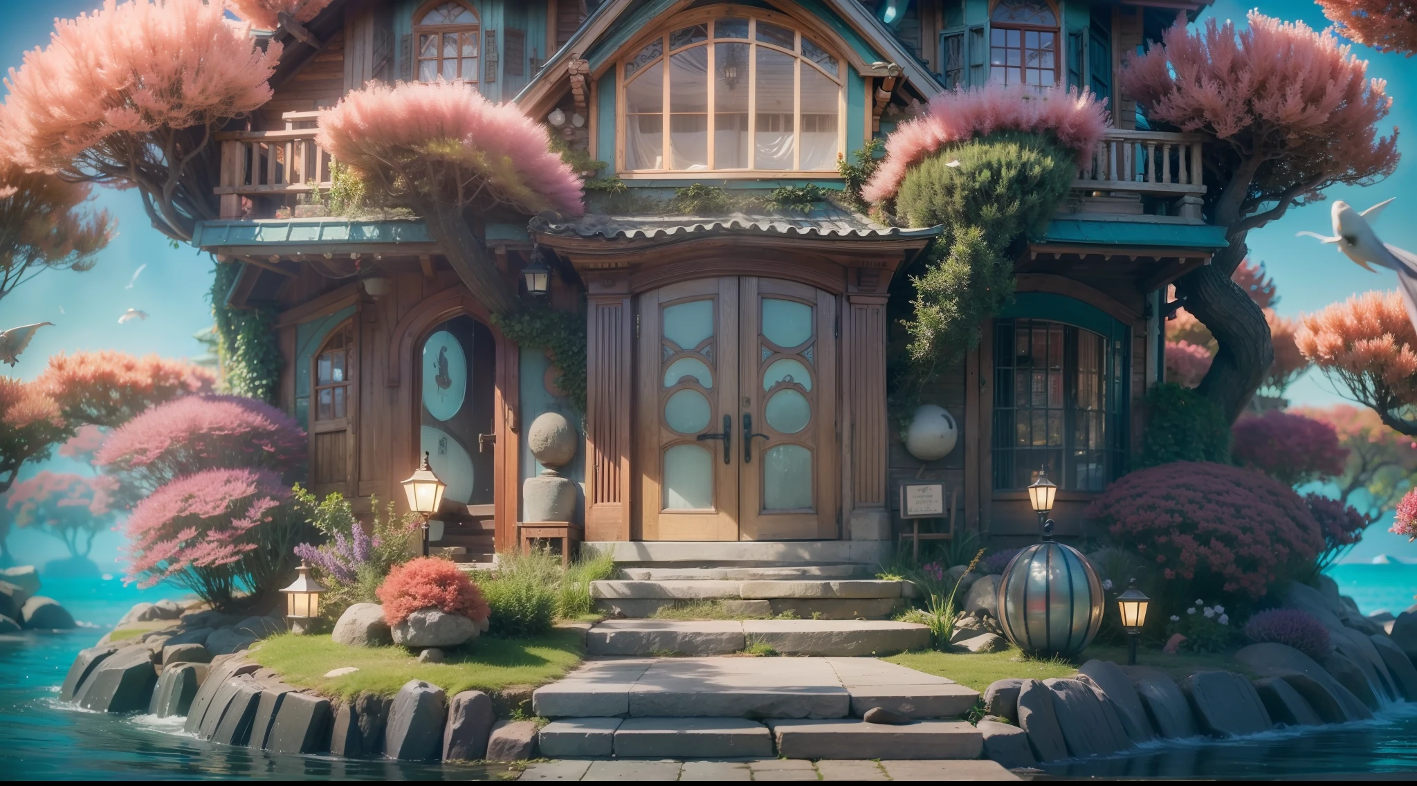 Magical underwater dwelling、Rainbow Coral Mansion、Luminescent dwelling、Great housing、Mysterious sea hut、Dreamy entrance、Magic threshold、Mysterious entrance、Enchanting doors。 high details, Best Quality, hight resolution, in 8K