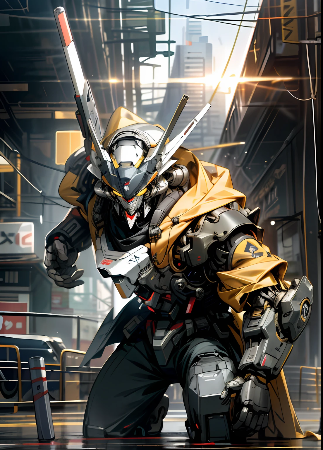 Dark_fantasy,Cyberpunk, (Best quality, Masterpiece),Yellow,1人,gundam,Robotic presence,cybernetic guardians,Wear a cybernetic jacket, Laser beam, City, highest quality digital art, stunning art, Wallpaper 4k, Highly detailed, military robot,Army, warzone,Black and white, highest quality digital art, stunning art, Wallpaper 4k,8K,64k, HD, Unbeatable masterpiece, Dynamic lighting, Cinematic, Epic, Damaged mechanical parts