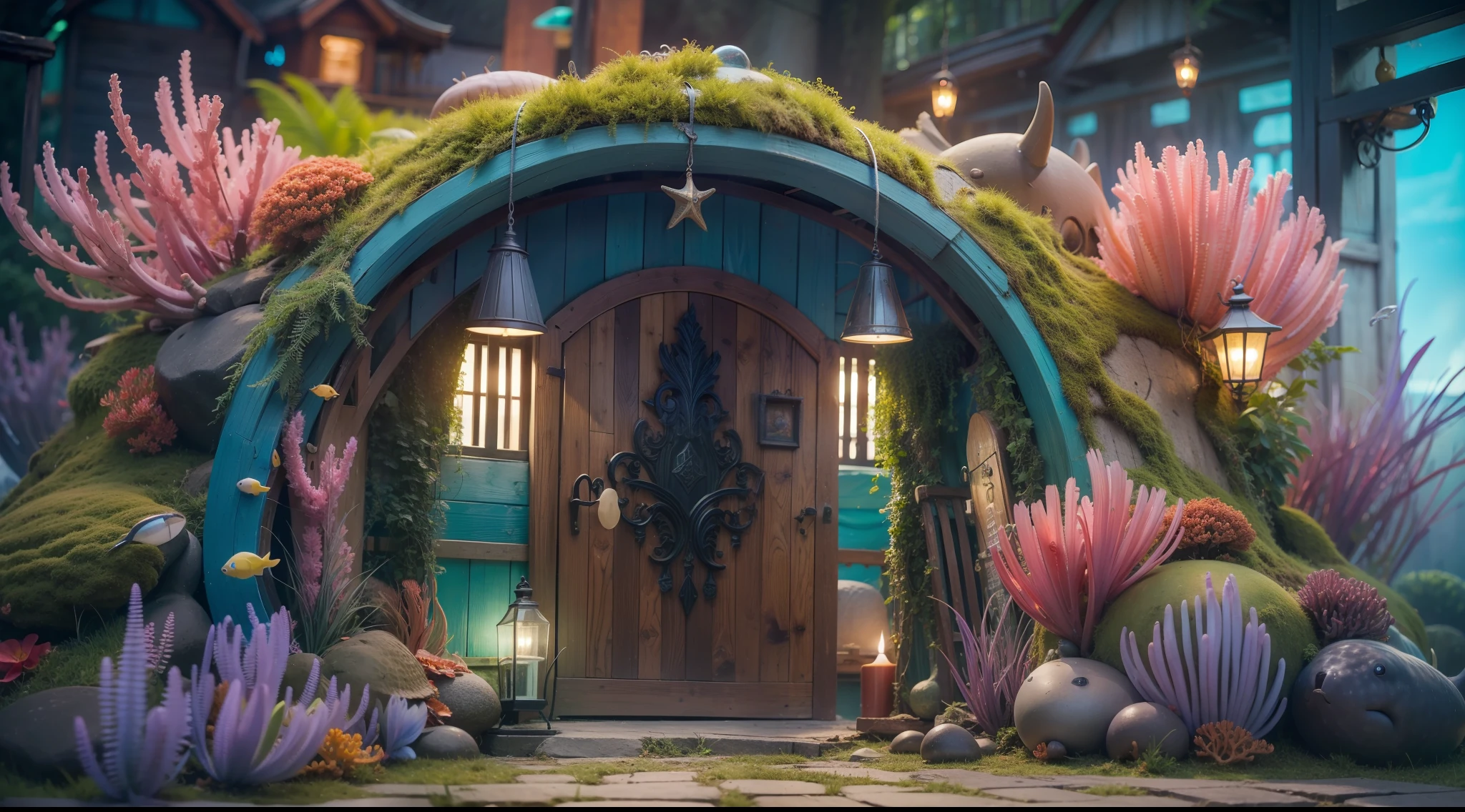 Magical underwater dwelling、Rainbow Coral Mansion、Luminescent dwelling、Great housing、Mysterious sea hut、Dreamy entrance、Magic threshold、Mysterious entrance、Enchanting doors。 high details, Best Quality, hight resolution, in 8K