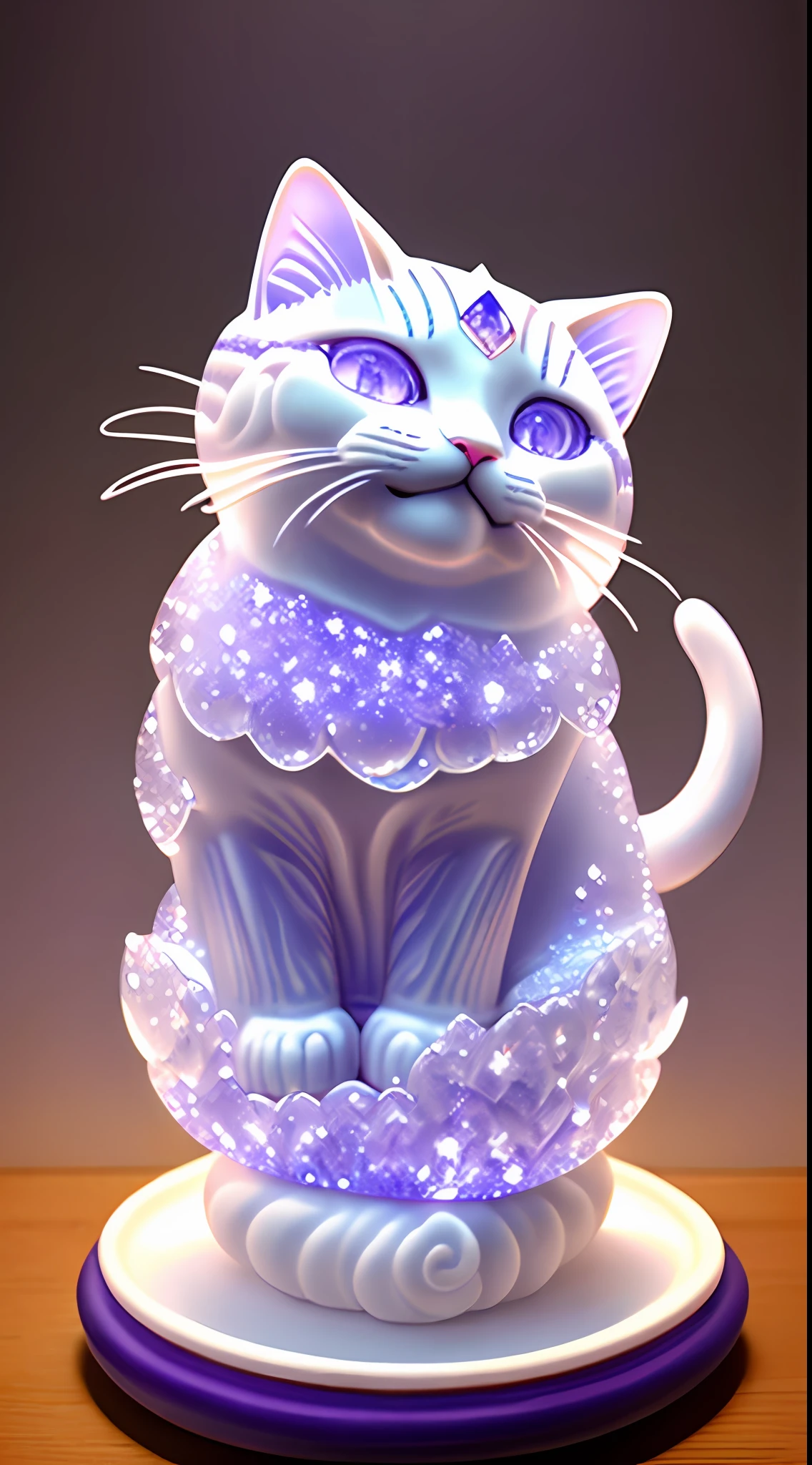 "The mid-career multiverse" Highly detailed cat carving "Southern Ice Cat" porcelain, Partially glazed, firewood, Art gallery,catss,laughingly,Open-mouthed,Funny,glittery,Clear crystal light purple