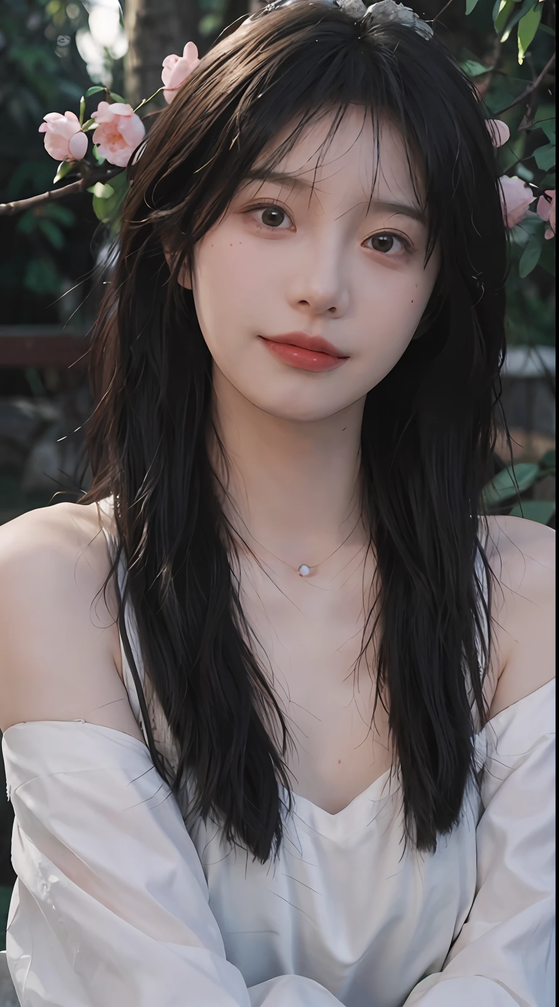 best qualtiy， 超高分辨率， （realisticlying：1.4）， Cute tiara，Baoyu Girl， A pair of clear and moving peach blossom eyes,Royal Sister，sunshine on face，with long coiled hair，（ln the forest：1.4），（choker necklace：1.2），（Fair skin：1.4），（full bodyesbian：1.2）a sense of atmosphere，a beauty girl， ssmile，head straight-looking at viewer， closeup cleavage ，(Photorealistic:1.4),1girll,Sexy,(Upper body:1.4),(Wet body),(:1.2)