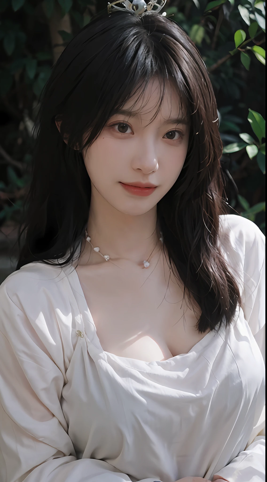 best qualtiy, 超高分辨率, (realisticlying:1.4), Cute tiara,Baoyu Girl, A pair of clear and moving peach blossom eyes,Royal Sister,sunshine on face,with long coiled hair,(ln the forest:1.4),(choker necklace:1.2),(Fair skin:1.4),(full bodyesbian:1.2)a sense of atmosphere,a beauty girl, ssmile,head straight-looking at viewer, closeup cleavage ,(Photorealistic:1.4),1girll,Sexy,(Upper body:1.4),(Wet body),(:1.2)