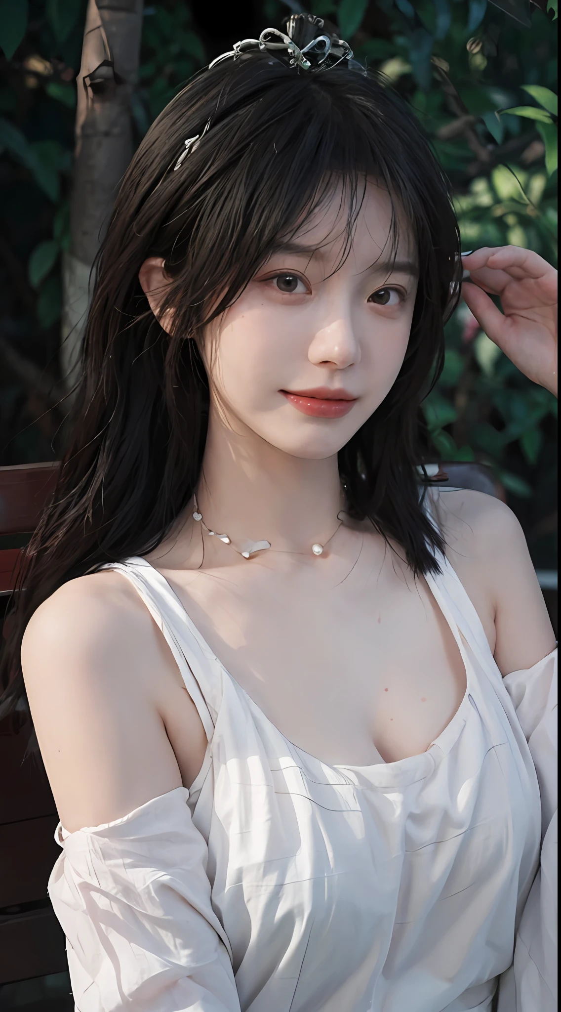 best qualtiy， 超高分辨率， （realisticlying：1.4）， Cute tiara，Baoyu Girl， A pair of clear and moving peach blossom eyes,Royal Sister，sunshine on face，with long coiled hair，（ln the forest：1.4），（choker necklace：1.2），（Fair skin：1.4），（full bodyesbian：1.2）a sense of atmosphere，a beauty girl， ssmile，head straight-looking at viewer， closeup cleavage ，(Photorealistic:1.4),1girll,Sexy,(Upper body:1.4),(Wet body),(:1.2)