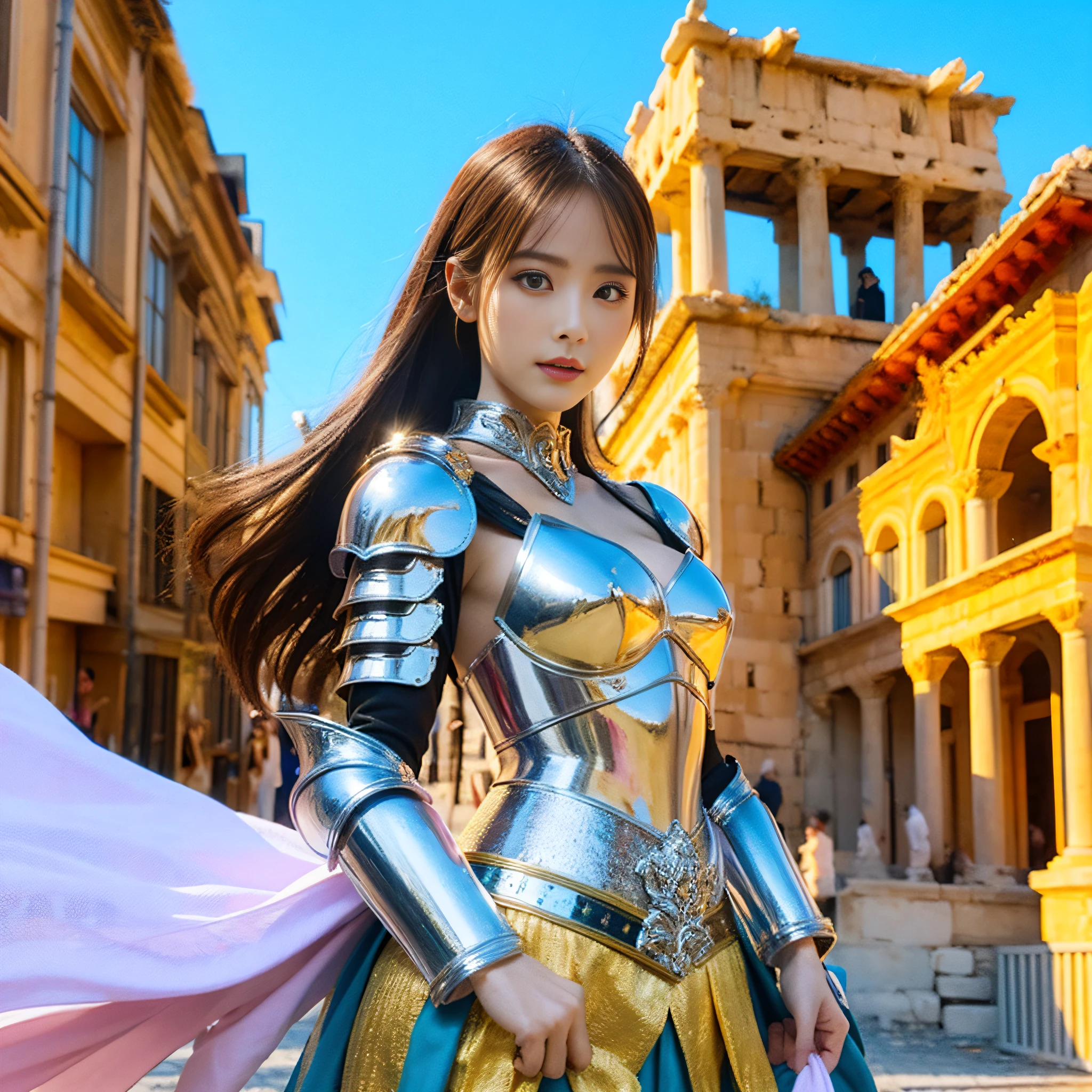 warrioress,preparing to fight,Acropolis,The sun shines,Armor,The temperament is elegant。tmasterpiece,Saint Seiya style armor