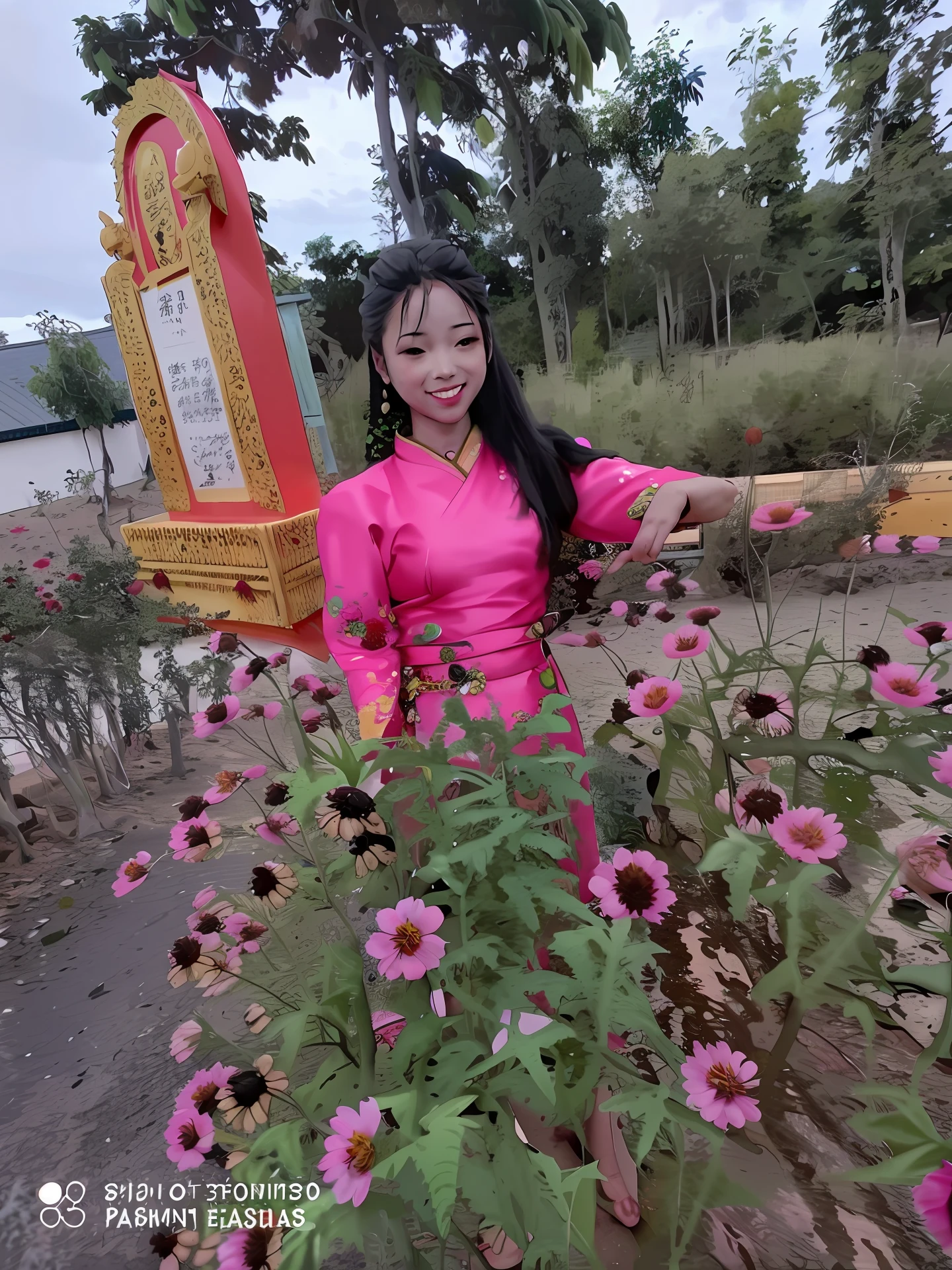 shukezouma, negative space, , shuimobysim , portrait of a woman standing , willow branches, (masterpiece, best quality:1.2), traditional chinese ink painting, modelshoot style, peaceful, (smile), looking at viewer, wearing long hanfu, hanfu, song, willow tree in background, wuchangshuo,