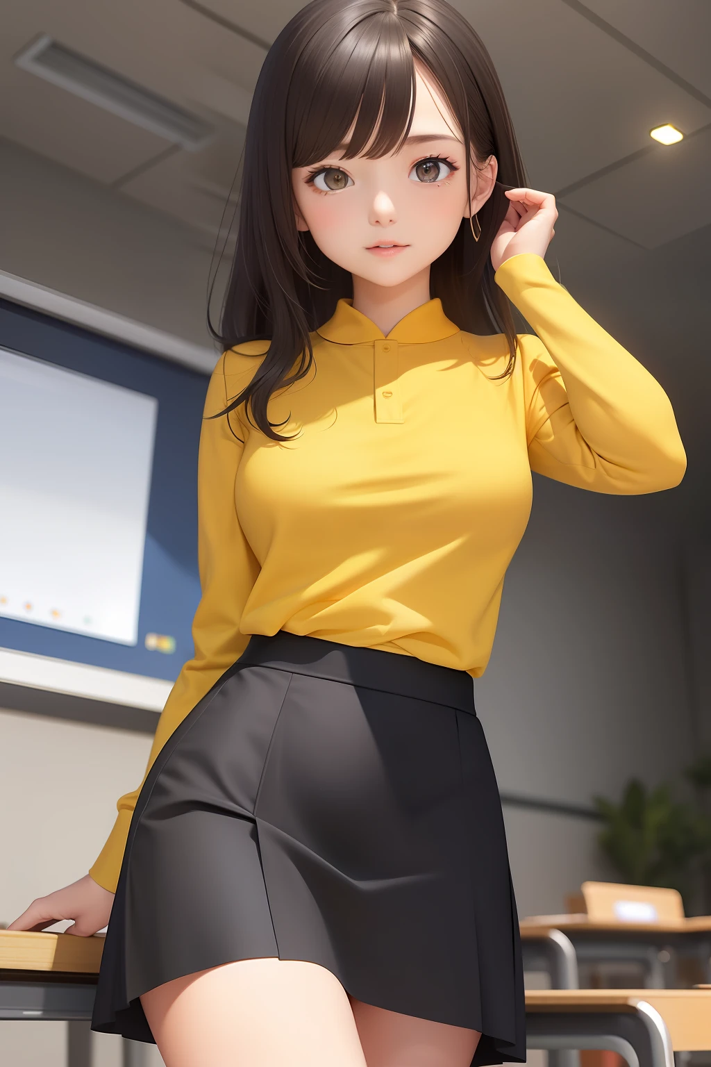 CG graphics of masterpiece quality,The image of the teacher,best qualtiy,Skirt that wraps hips,Yellow shirt looks up。