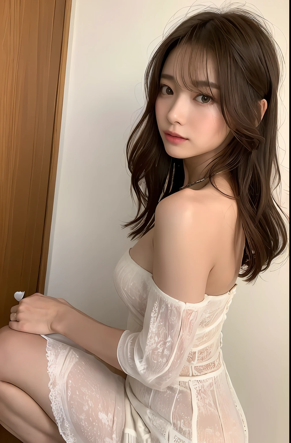 ((top quality, 8k, masterpiece: 1.3)), sharp: 1.2, perfect body beauty: 1.4, slender abs: 1.2, ((layered hairstyle, small: 1.2)), (bandeau dress, white: 1.1), street: 1.2, highly detailed face and skin texture, detailed eyes, double eyelids, long brown hair, thin dress, back hands, squatting, slightly exposed panties, Exposed cleavage.