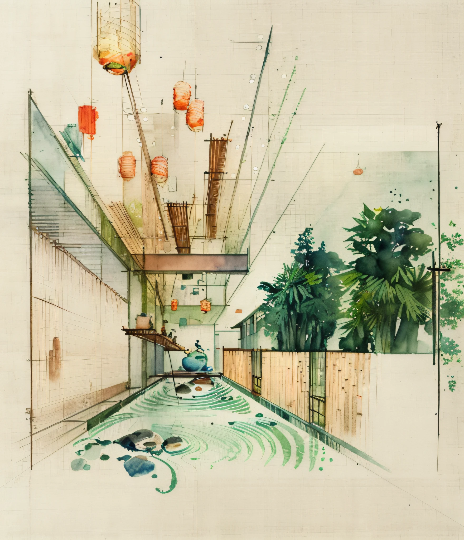 shuimobysim,vwuchangshuo, bonian, zhenbanqiao, badashanren, architecture building, indoors, interior, indoor garden, Zen style, chinese, lantern light, trees, bamboo, people, human, watercolor painting, artstyle, miaobishenghua , ArchiZHS