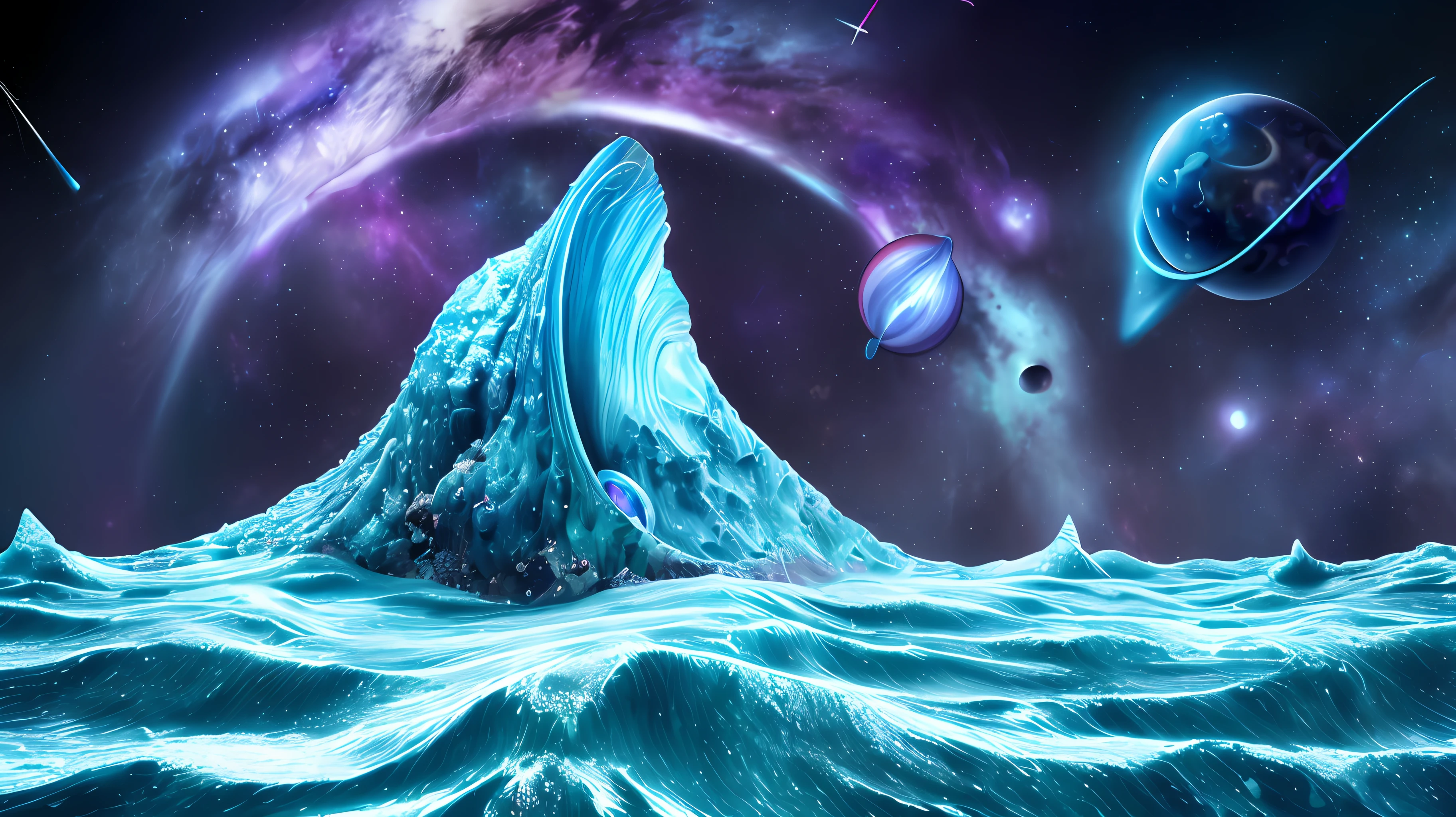 smooth rolling waves of (blue ocean) on alien planet, beautiful transparent water, night, gigantic fish jumps from the waves, blotches of irridescent plankton in water, glittering shiny water spray, background is deep purple sky dotted with stars, unknown constellations in the sky, (A multiple bright moons and planets in the sky:1.5), glowing horizon, fascinating view, masterpiece, best quality, detailed 4k wallpaper, award winning art, Bokeh, Depth of Field, HDR, bloom, Chromatic Aberration, extremely detailed, trending on artstation, trending on CGsociety, dramatic