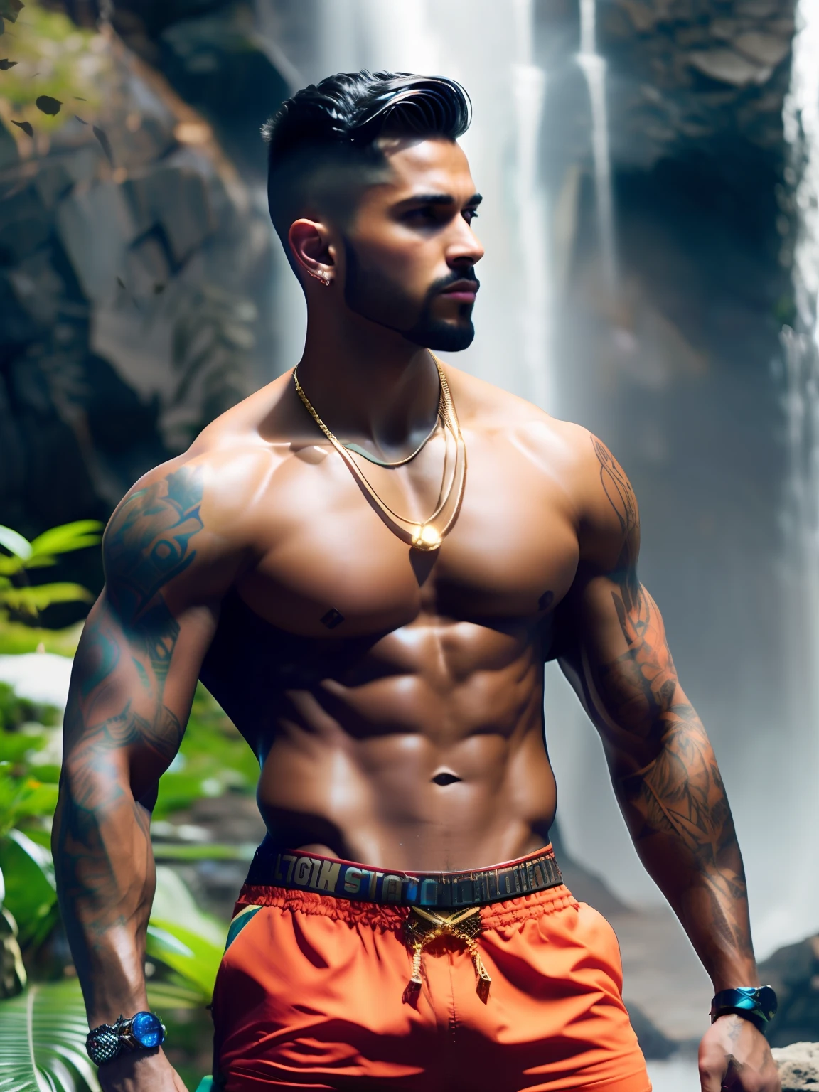 fking_scifi, fking_scifi_v2, portrait of a young, muscular extremely handsome and attractive Brazilian male model, in front of a waterfall, short windy hair, hairy tattooed body, colorful clothing and golden jewelry, close up, regal pose and attitude. fking_cinema_v2.